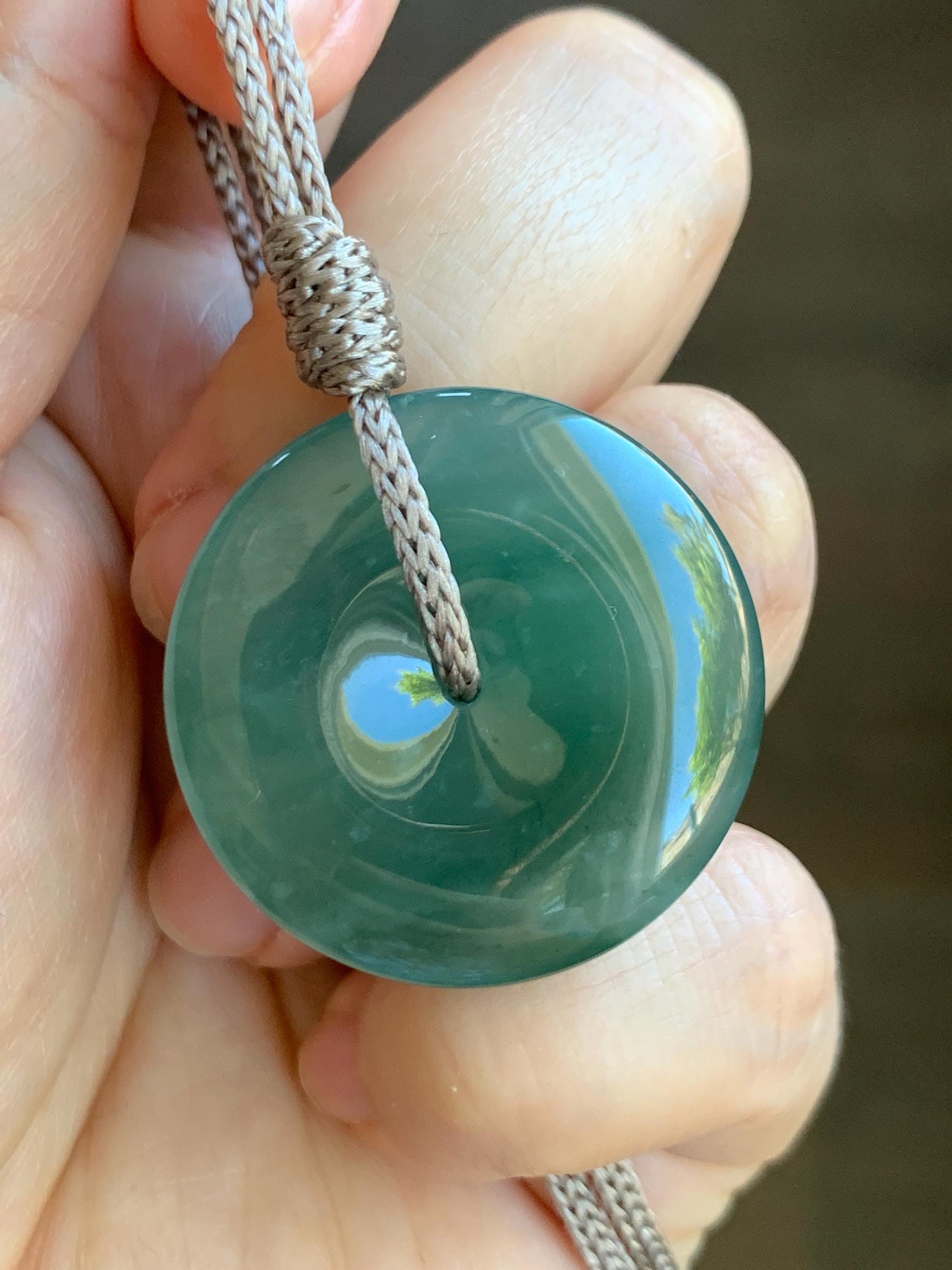 Certified Natural Grade A Guatemalan Icy Translucent Teal Green Jade Jadeite Ping An Kou Donut Pendant Rope Necklace 27” 天然冰胶危蓝绿翡翠平安扣吊坠 8740