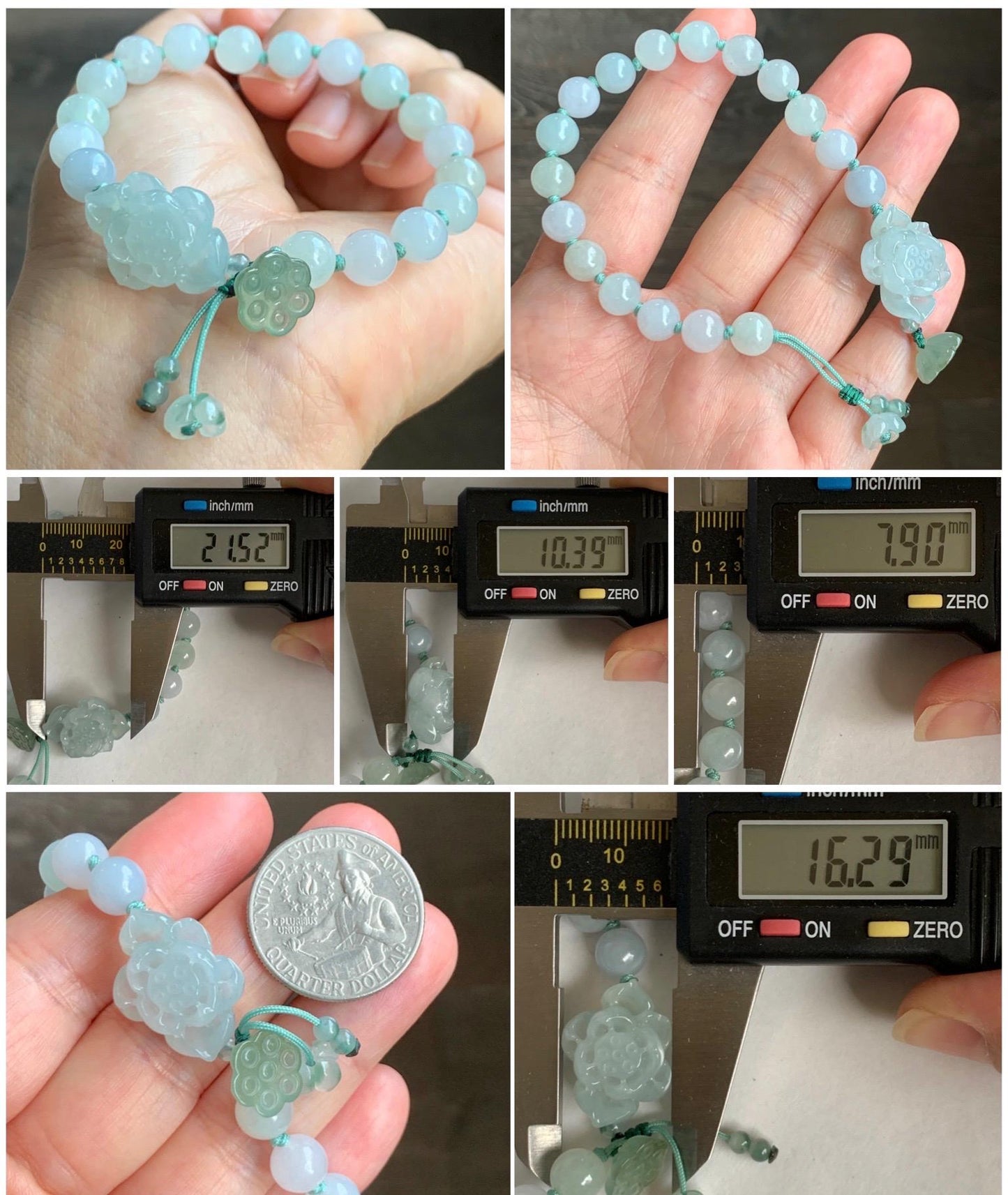 Natural Grade A Icy Translucent Gelatinous Pastel Green Jade Jadeite Lotus Flower Lotus Pod Beaded Bracelet 6.75" 天然冰胶淡晴蓝底翡翠莲花莲蓬手串 MLH370