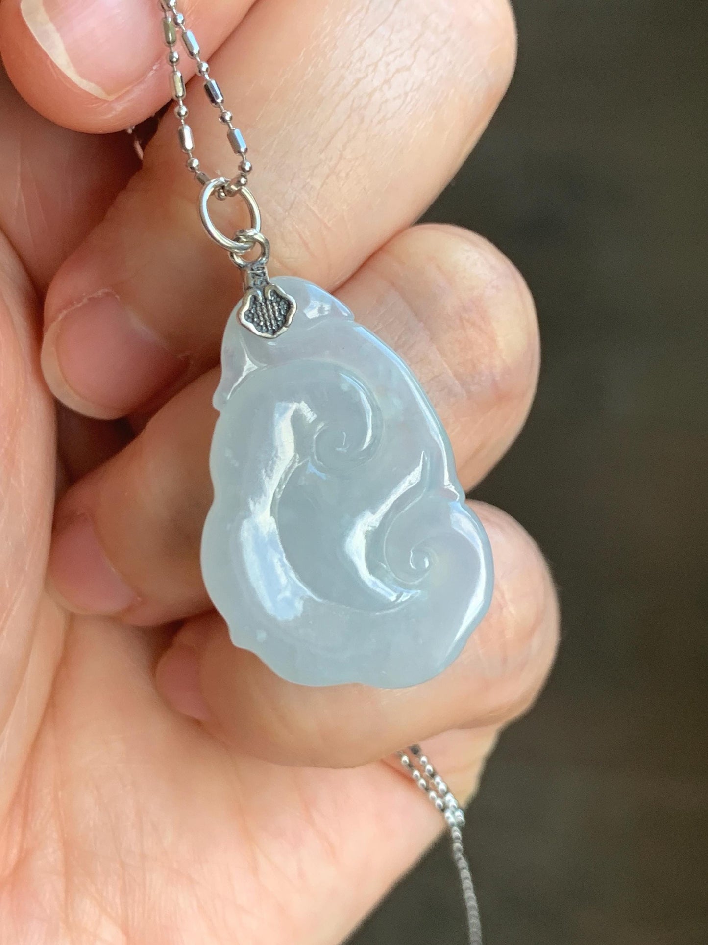 Natural Grade A Icy Translucent Gelatinous Pastel Blue Jade Jadeite Carved Ruyi Pendant Sterling Silver 5g 天然冰胶蓝底翡翠如意吊坠 MDLR88