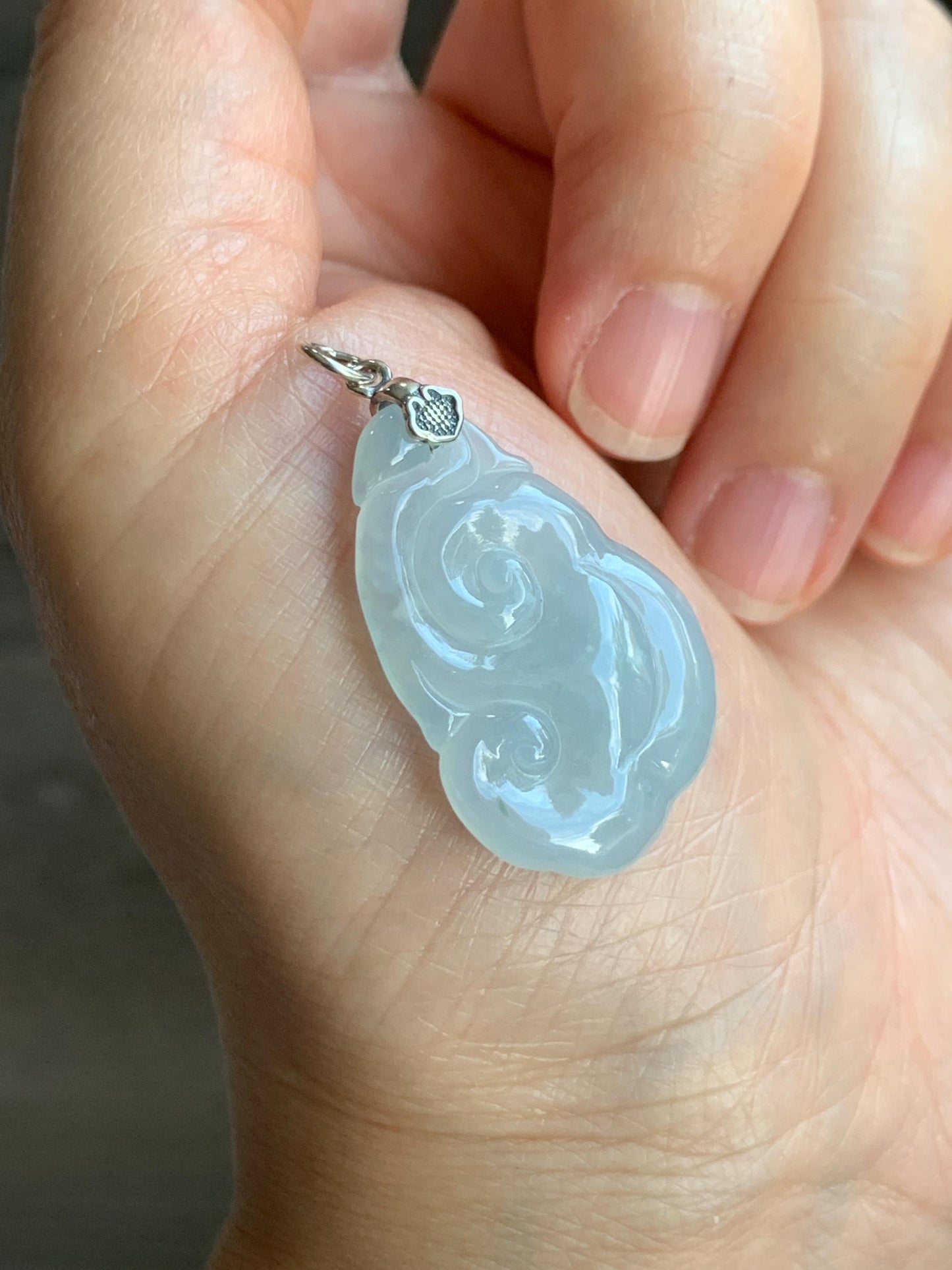 Natural Grade A Icy Translucent Gelatinous Pastel Blue Jade Jadeite Carved Ruyi Pendant Sterling Silver 5g 天然冰胶蓝底翡翠如意吊坠 MDLR88