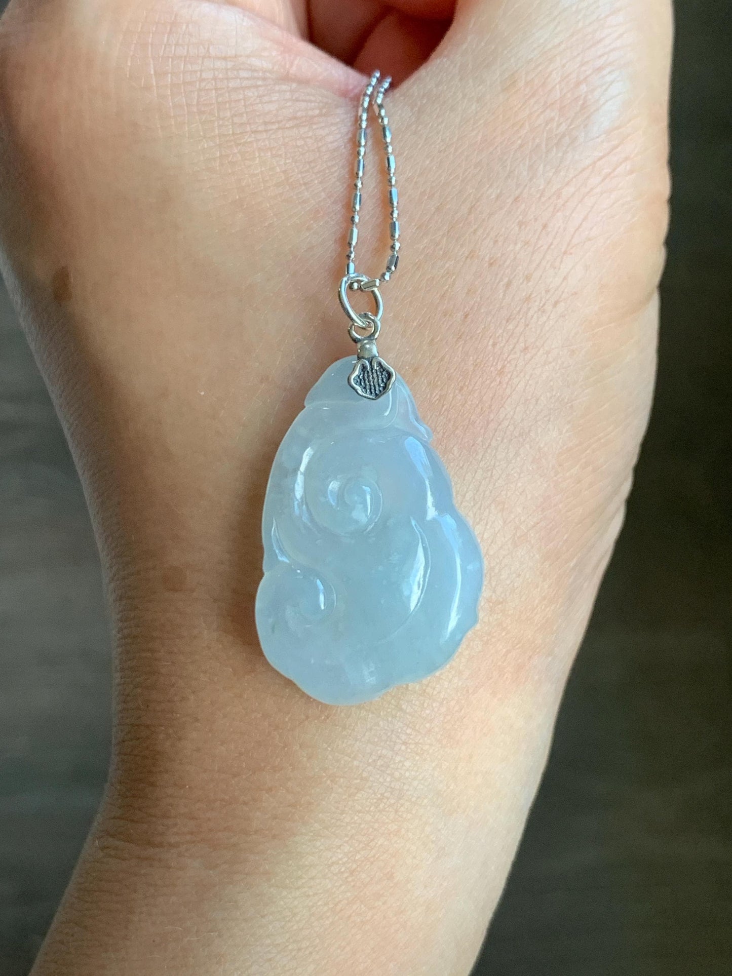 Natural Grade A Icy Translucent Gelatinous Pastel Blue Jade Jadeite Carved Ruyi Pendant Sterling Silver 5g 天然冰胶蓝底翡翠如意吊坠 MDLR88