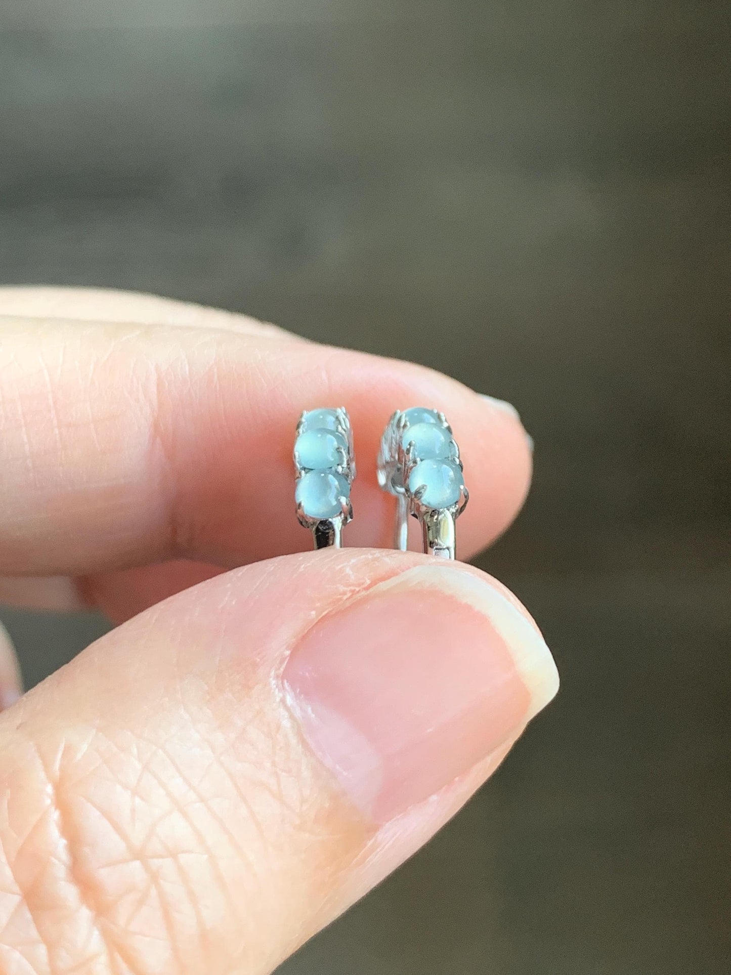 Natural Guatemalan Grade A Icy Highly Translucent Light Blue Jadeite Hoop Huggie Earrings Sterling Silver 天然冰危淡蓝起光翡翠银镶耳包 LEB160