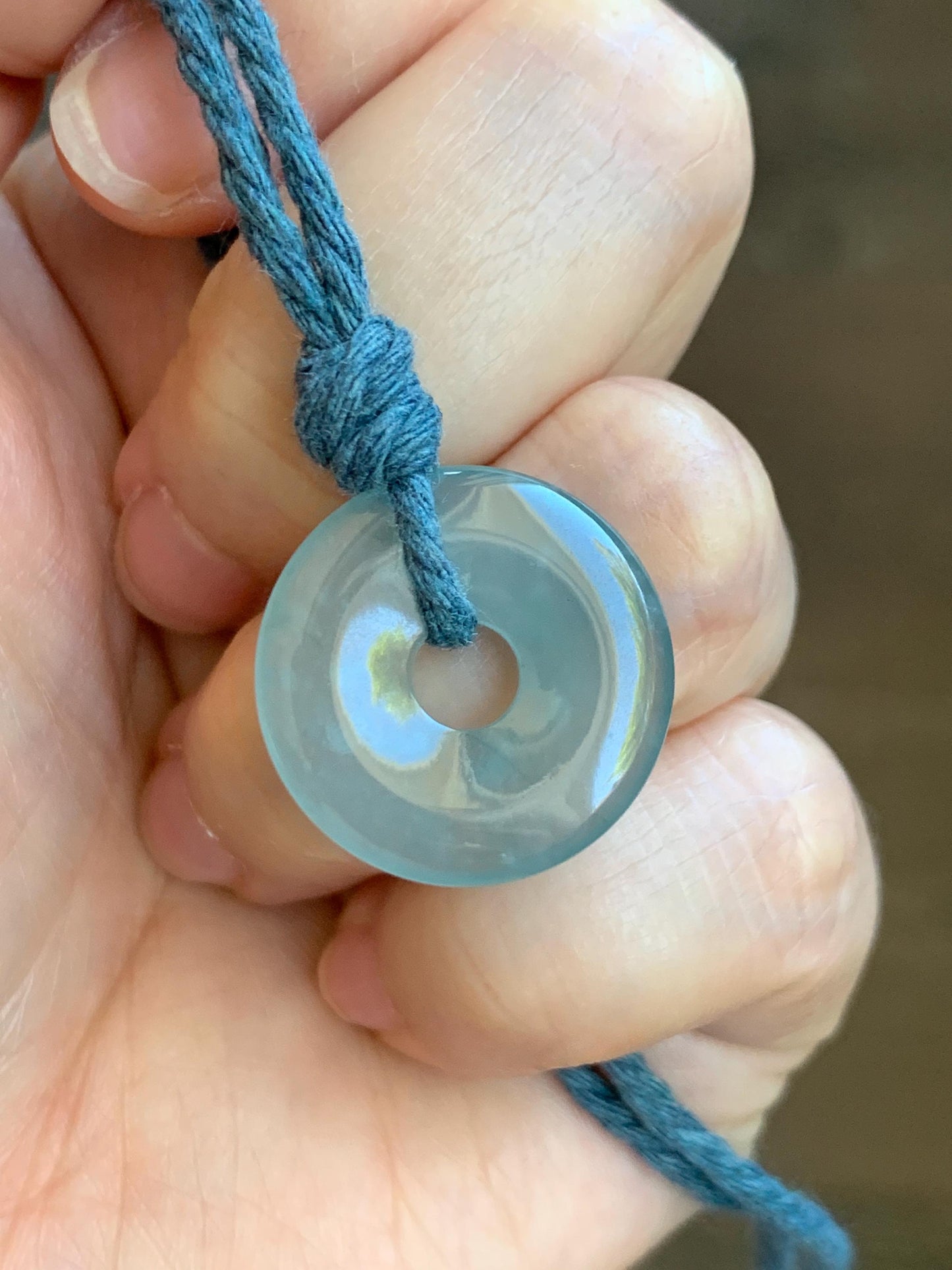 Natural Guatemalan Icy Translucent Light Teal Blue Jade Jadeite Ping An Kou Donut Petite Pendant Rope Necklace 26” 天然冰危浅蓝翡翠平安扣吊坠 WXK55N