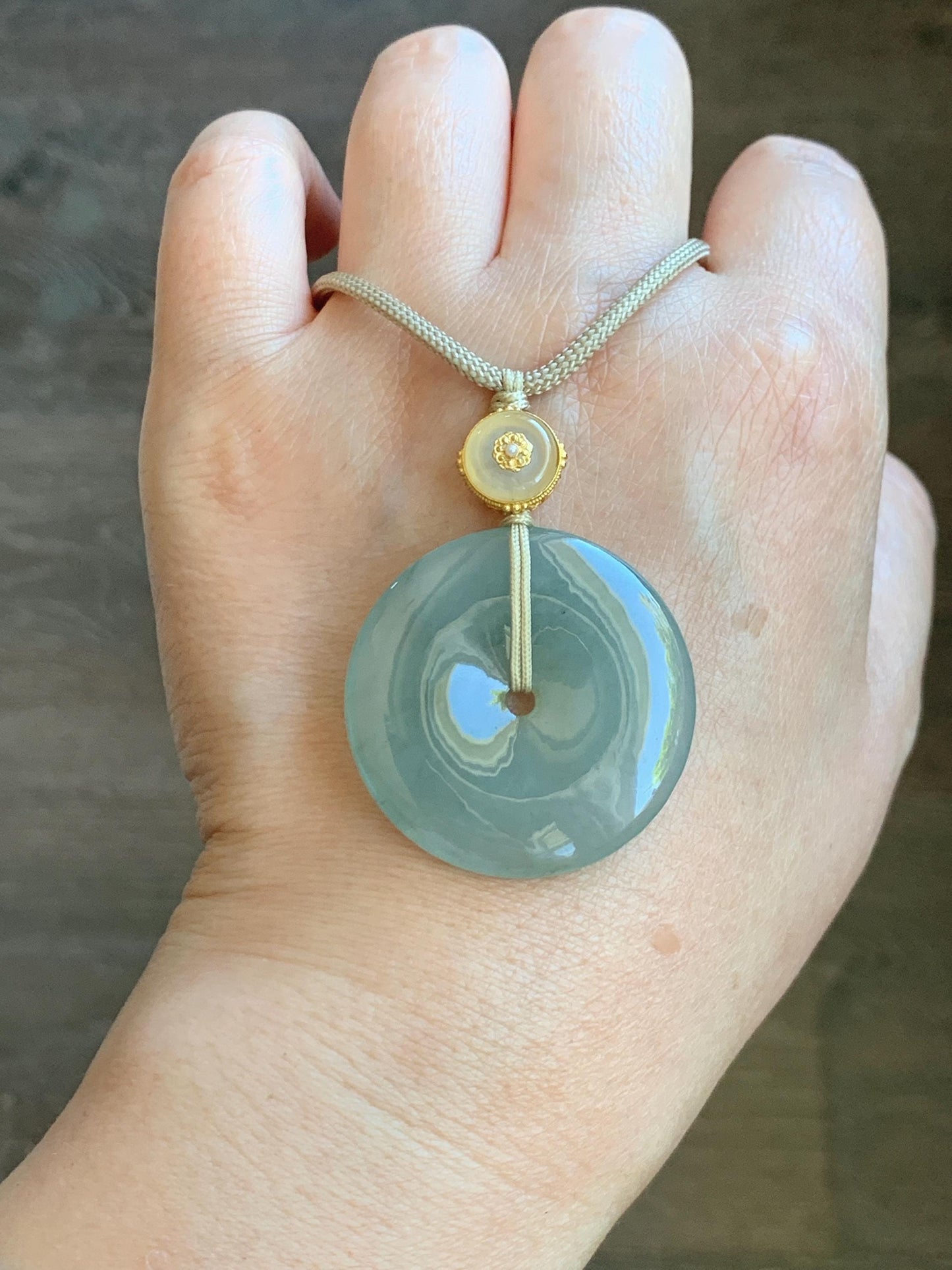 Natural Grade A Icy Translucent Dusty Green Wuji Jade Jadeite Large Ping An Kou Donut Pendant Rope Necklace 25" 天然冰胶老种淡绿乌鸡翡翠平安扣吊坠项链 MLW120A