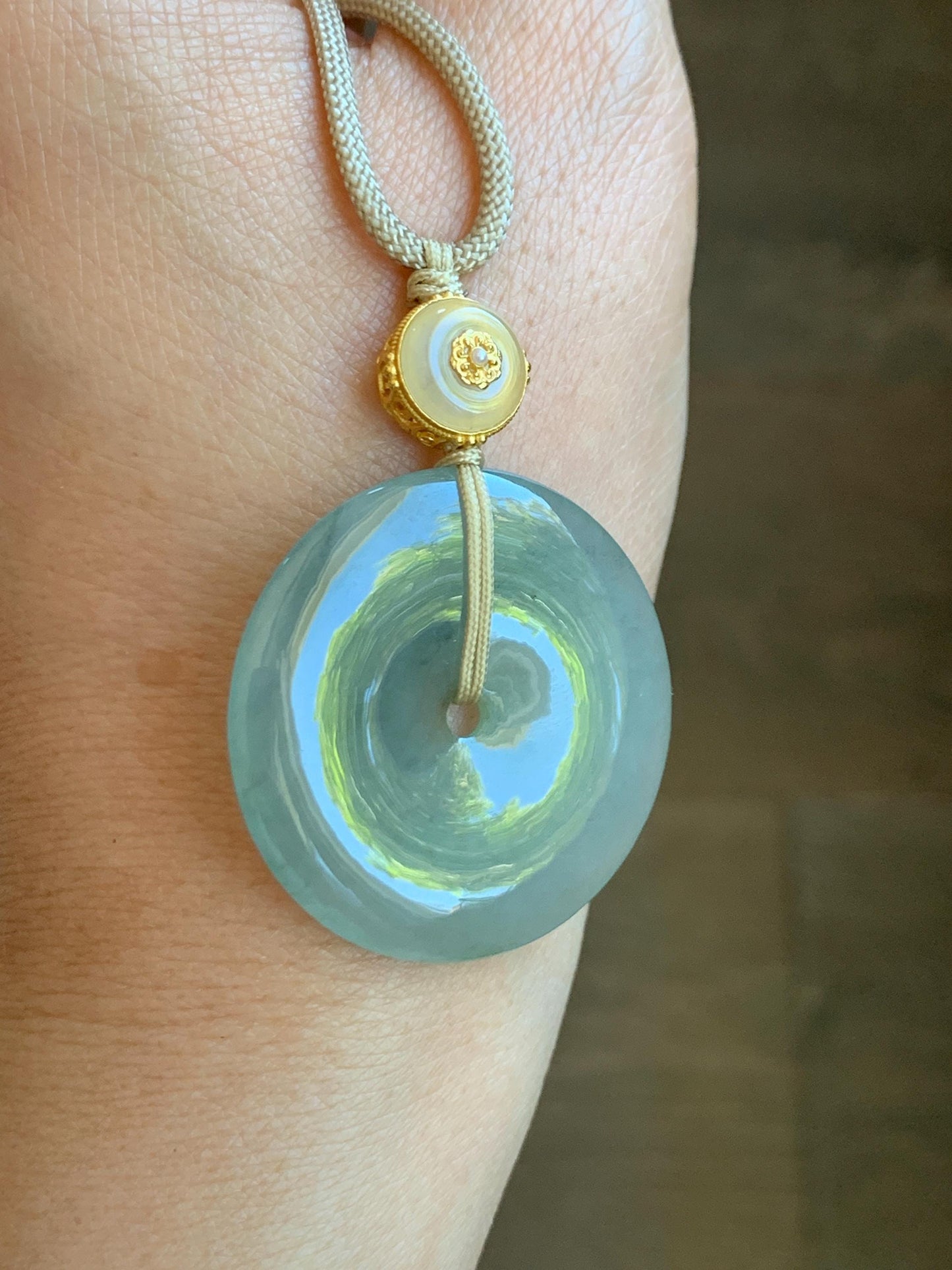 Natural Grade A Icy Translucent Dusty Green Wuji Jade Jadeite Large Ping An Kou Donut Pendant Rope Necklace 25" 天然冰胶老种淡绿乌鸡翡翠平安扣吊坠项链 MLW120A