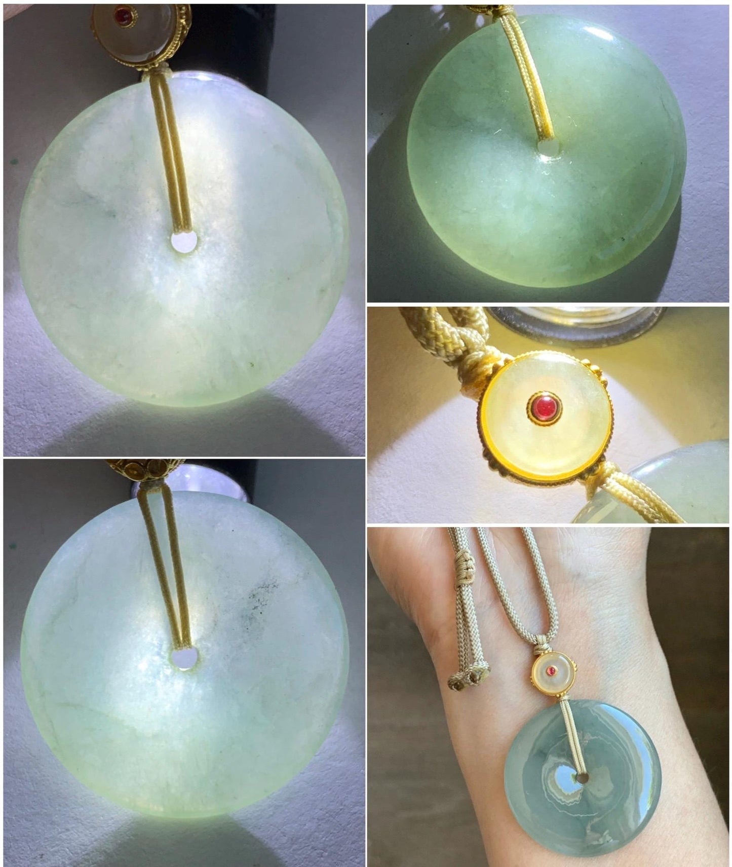 Natural Grade A Icy Translucent Dusty Green Wuji Jade Jadeite Large Ping An Kou Donut Pendant Rope Necklace 25" 天然冰胶老种淡绿乌鸡翡翠平安扣吊坠项链 MLW120B