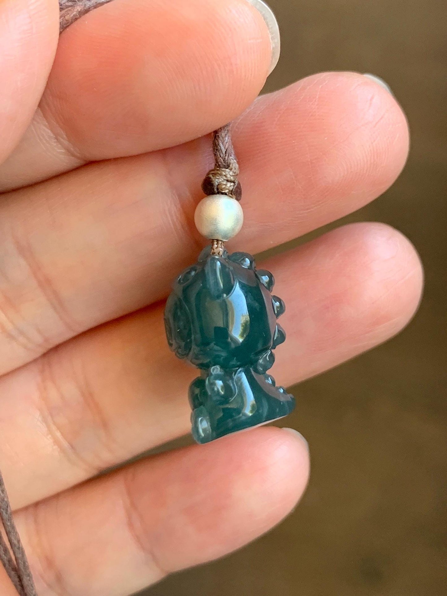 Natural Grade A Guatemalan Icy Translucent Dark Teal Blue Jade Jadeite Carved Monster Plush Pendant Rope Necklace 25” 天然冰胶危深蓝绿翡翠吊坠 LBB88C