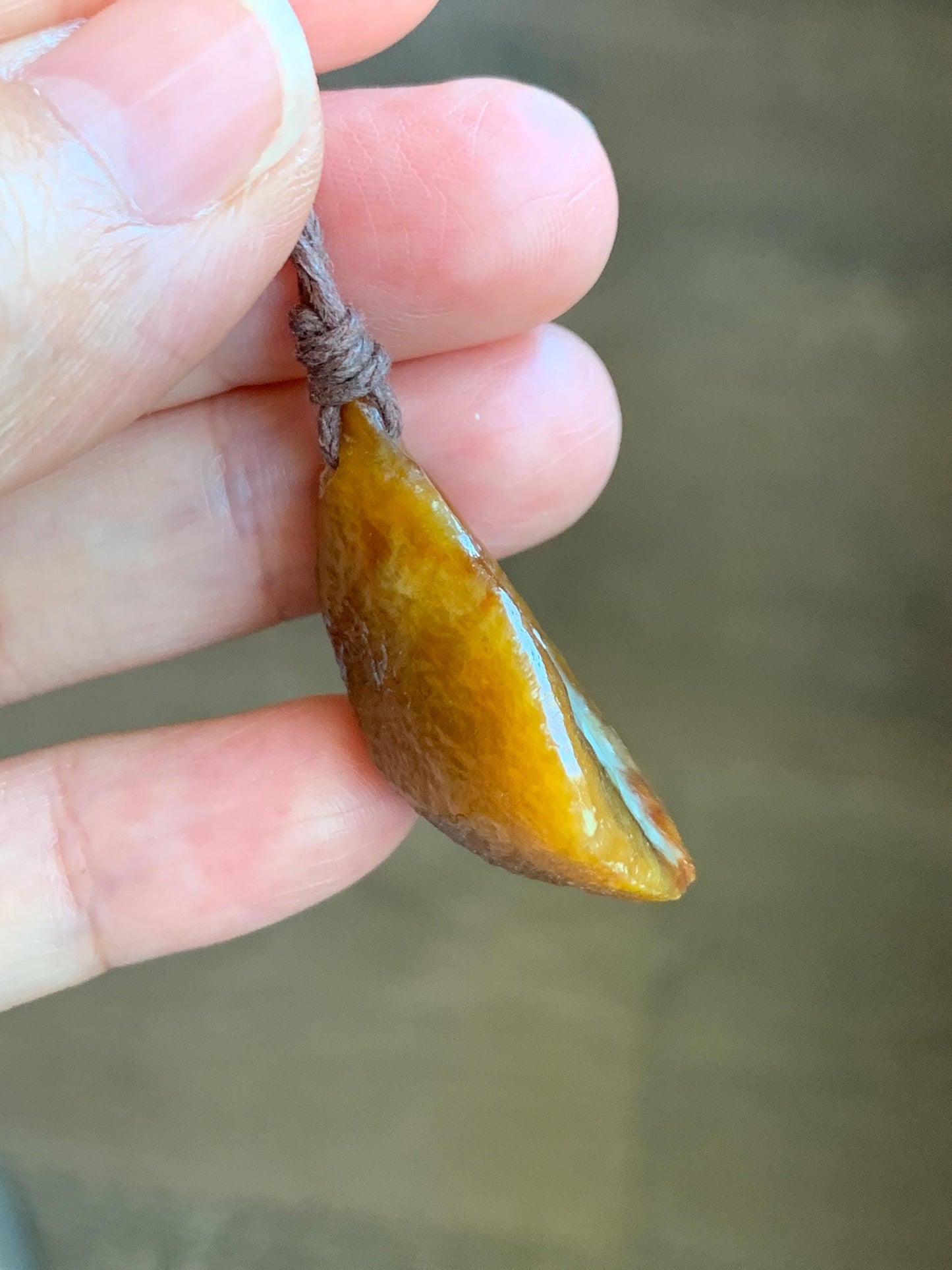 Natural Grade A Icy Translucent Bicolored Jade Jadeite w/ Rind Teardrop Pendant Rough Cut Rope Necklace 24.5” 12g 天然冰胶油黄皮壳料翡翠牌项链 PGL450A