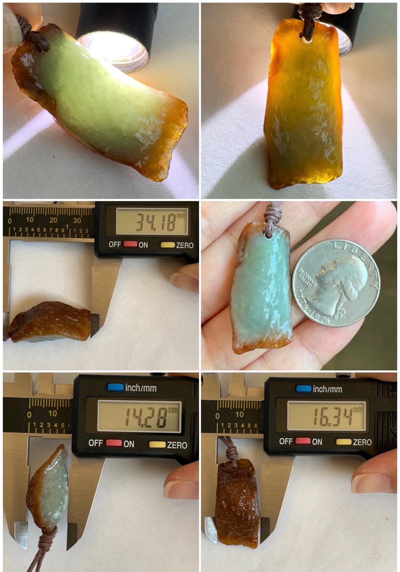 Natural Grade A Icy Translucent Bicolored Jade Jadeite w/ Rind Rectangle Pendant Rough Cut Rope Necklace 24.5” 12g 天然冰胶油黄皮壳料翡翠牌项链 PGL450B