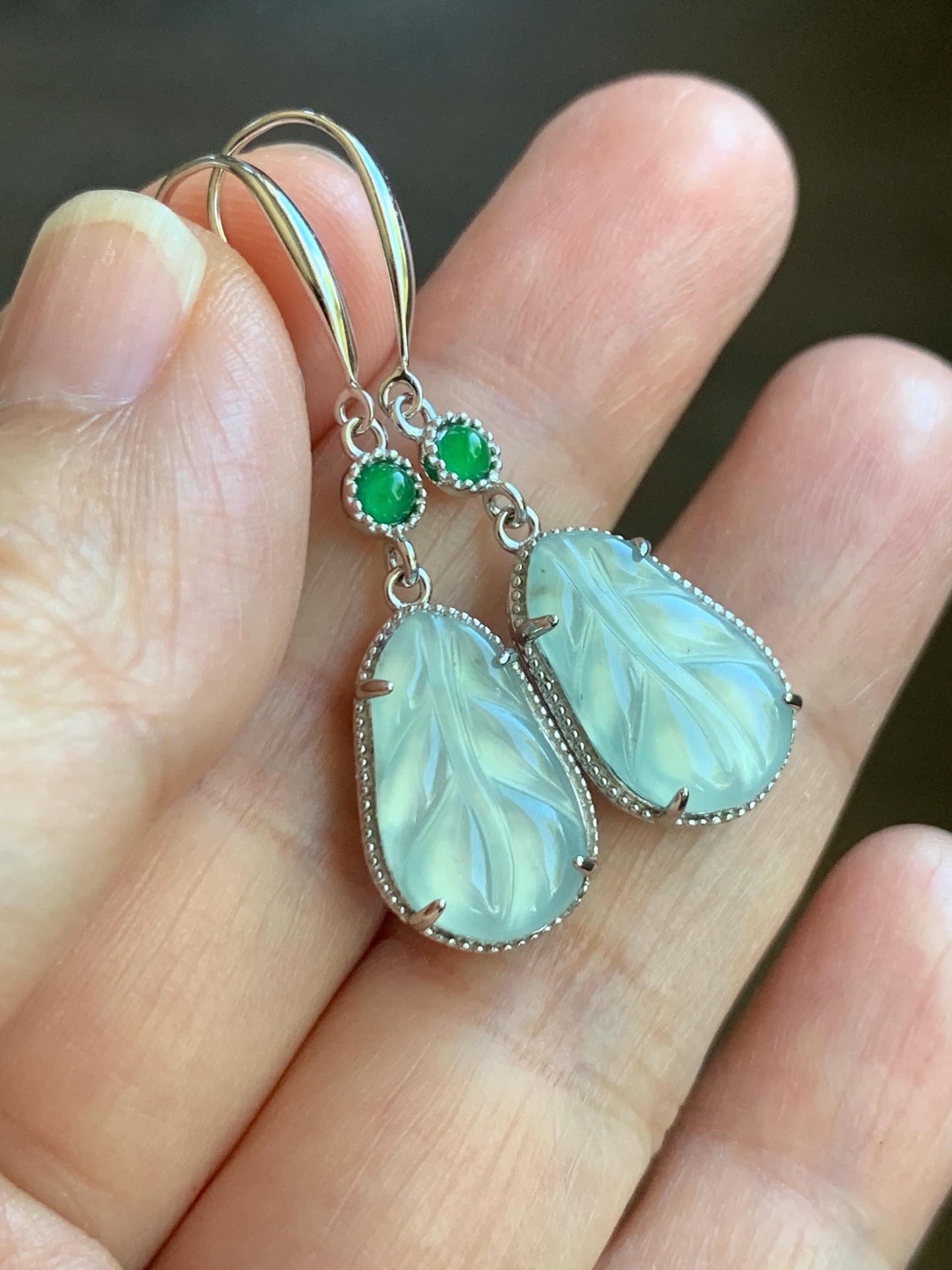 Natural Guatemalan Grade A Icy Highly Translucent Pastel Teal Jade Jadeite Leaf Dangle Earrings Sterling Silver 天然高冰危晴蓝底翡翠叶子银耳钩 XYD240A