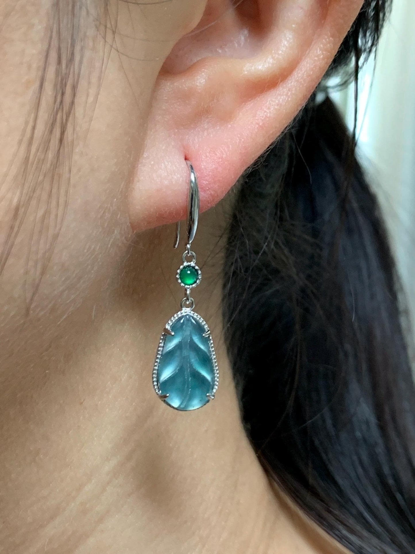 Natural Guatemalan Grade A Icy Highly Translucent Light Teal Jade Jadeite Leaf Dangle Earrings Sterling Silver 天然高冰危晴蓝翡翠叶子银耳钩 XYD240B