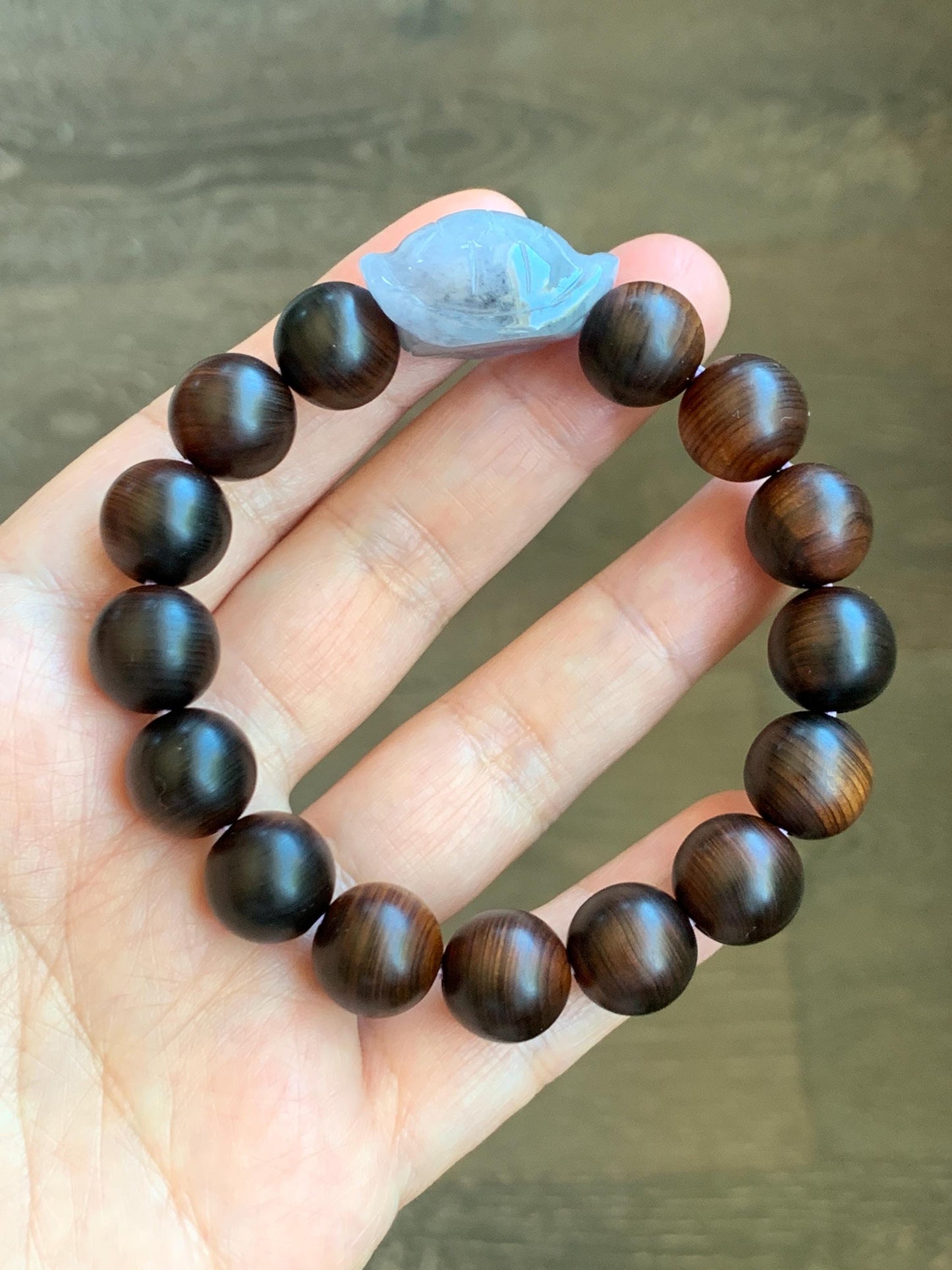 Natural Grade A Icy Translucent Wuji Jade Jadeite Carved Turtle Shell Wood Beads Beaded Bracelet 7.25” 23g 天然冰胶乌鸡紫底翡翠龟壳富甲天下木珠手串 FJZ-A