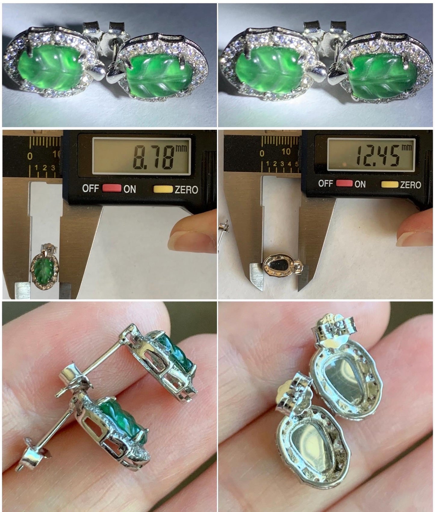 Natural Guatemalan Grade A Icy Highly Translucent Green Jade Jadeite Petite Carved Leaf Stud Earrings Sterling Silver 天然冰危绿翡翠迷你叶子镶嵌耳钉 XWY66B