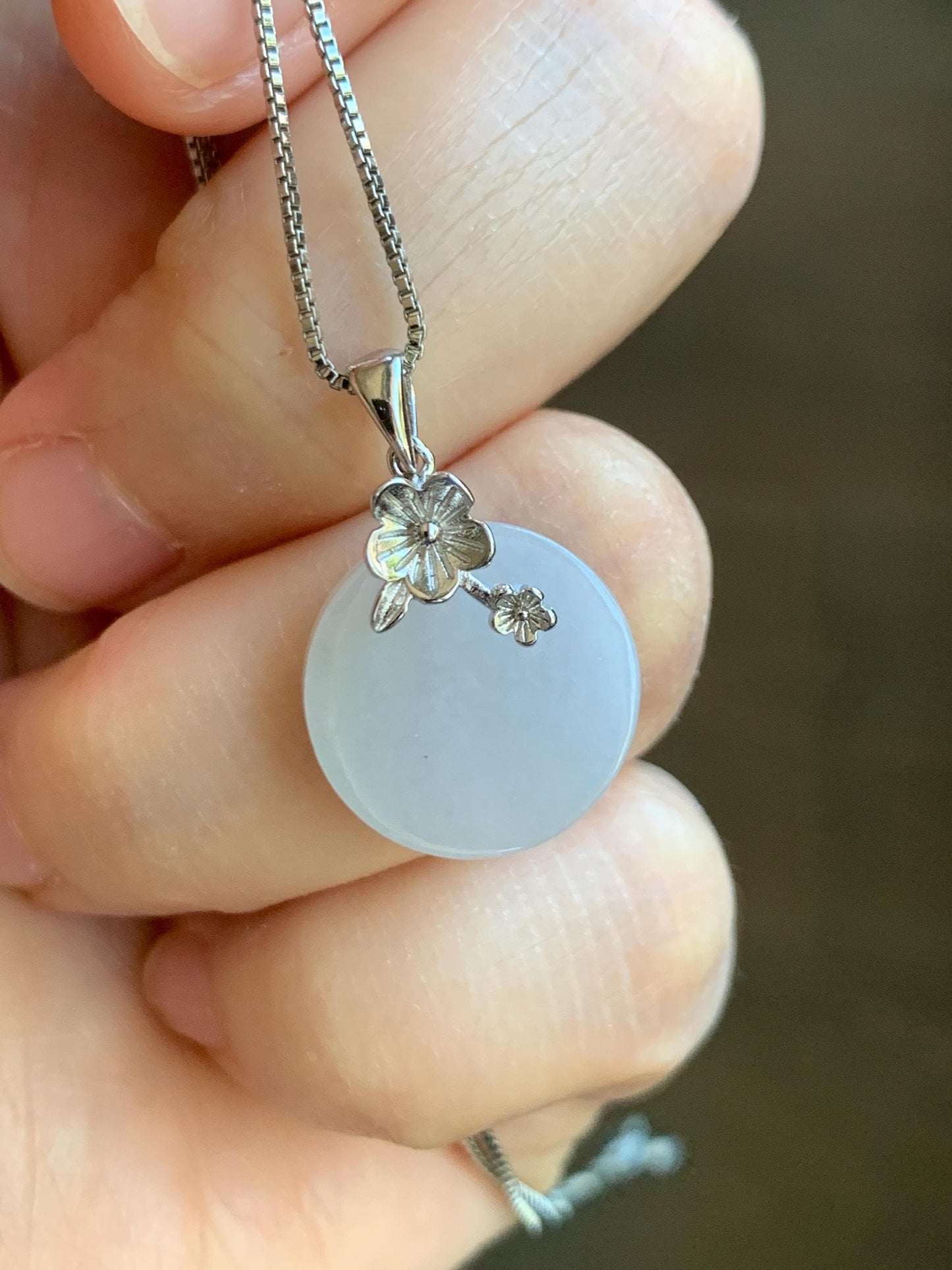 Natural Grade A Icy Translucent Jade Jadeite Small Disc Round Wu Shi Pai Pendant Sterling Silver Cherry Blossom Bail 3g 天然白冰淡紫底翡翠无事牌吊坠 YWS65