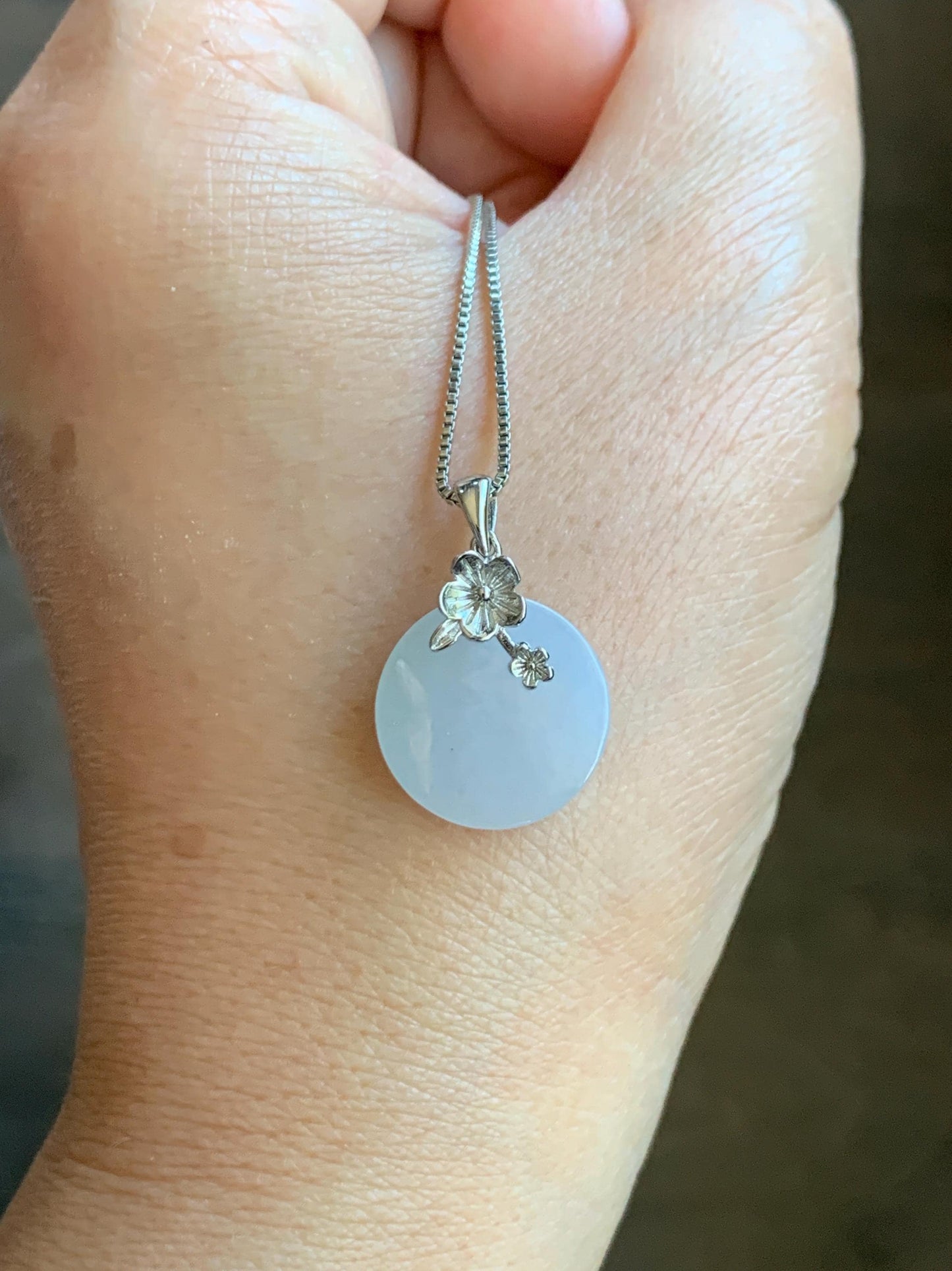 Natural Grade A Icy Translucent Jade Jadeite Small Disc Round Wu Shi Pai Pendant Sterling Silver Cherry Blossom Bail 3g 天然白冰淡紫底翡翠无事牌吊坠 YWS65
