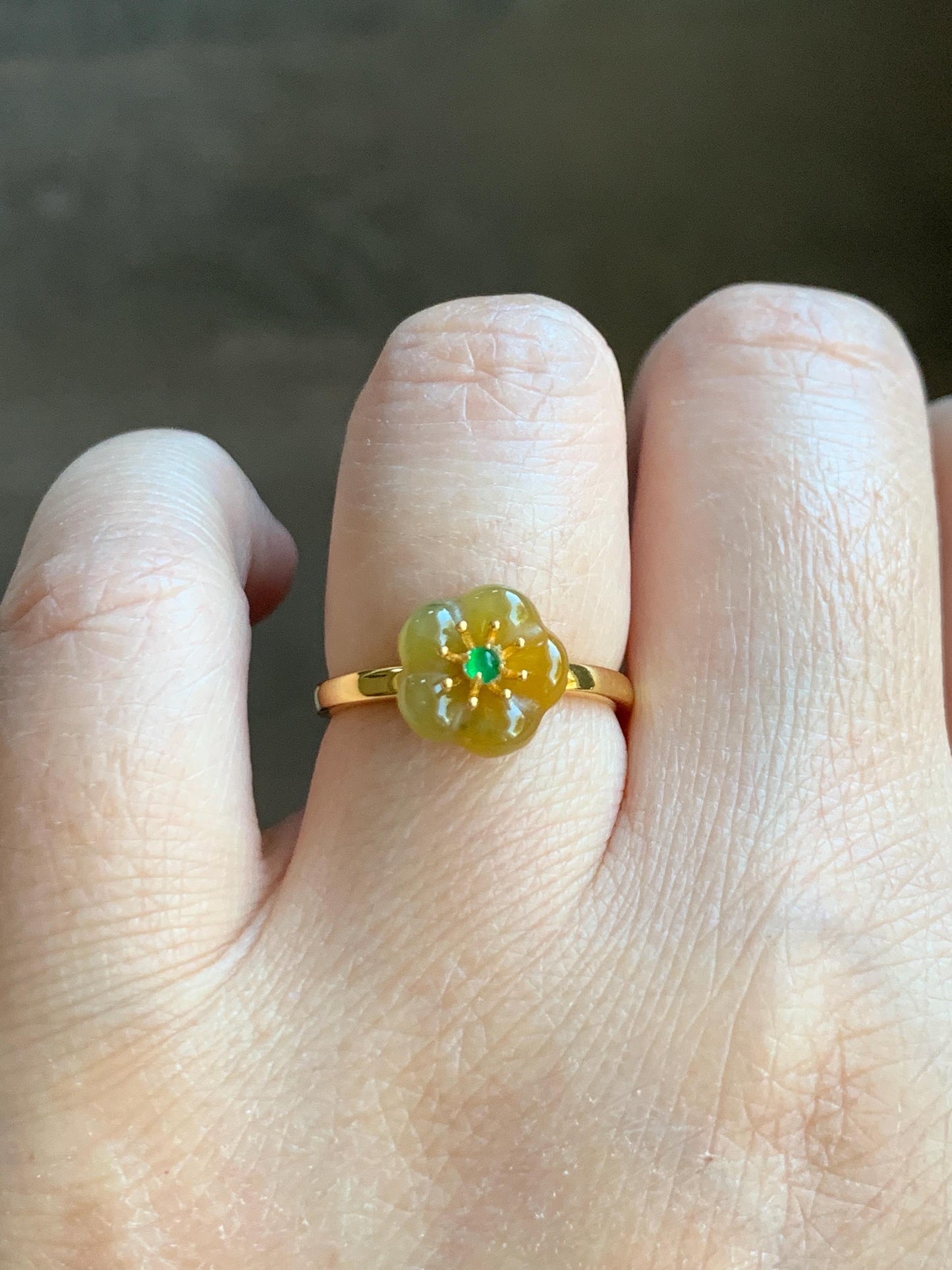 Natural Grade A Guatemalan Icy Translucent Yellow Jade Jadeite Cherry Blossom Ring Sterling Silver Size Adjustable 天然冰危黄翡翠梅花银镶戒指 WXMH66A