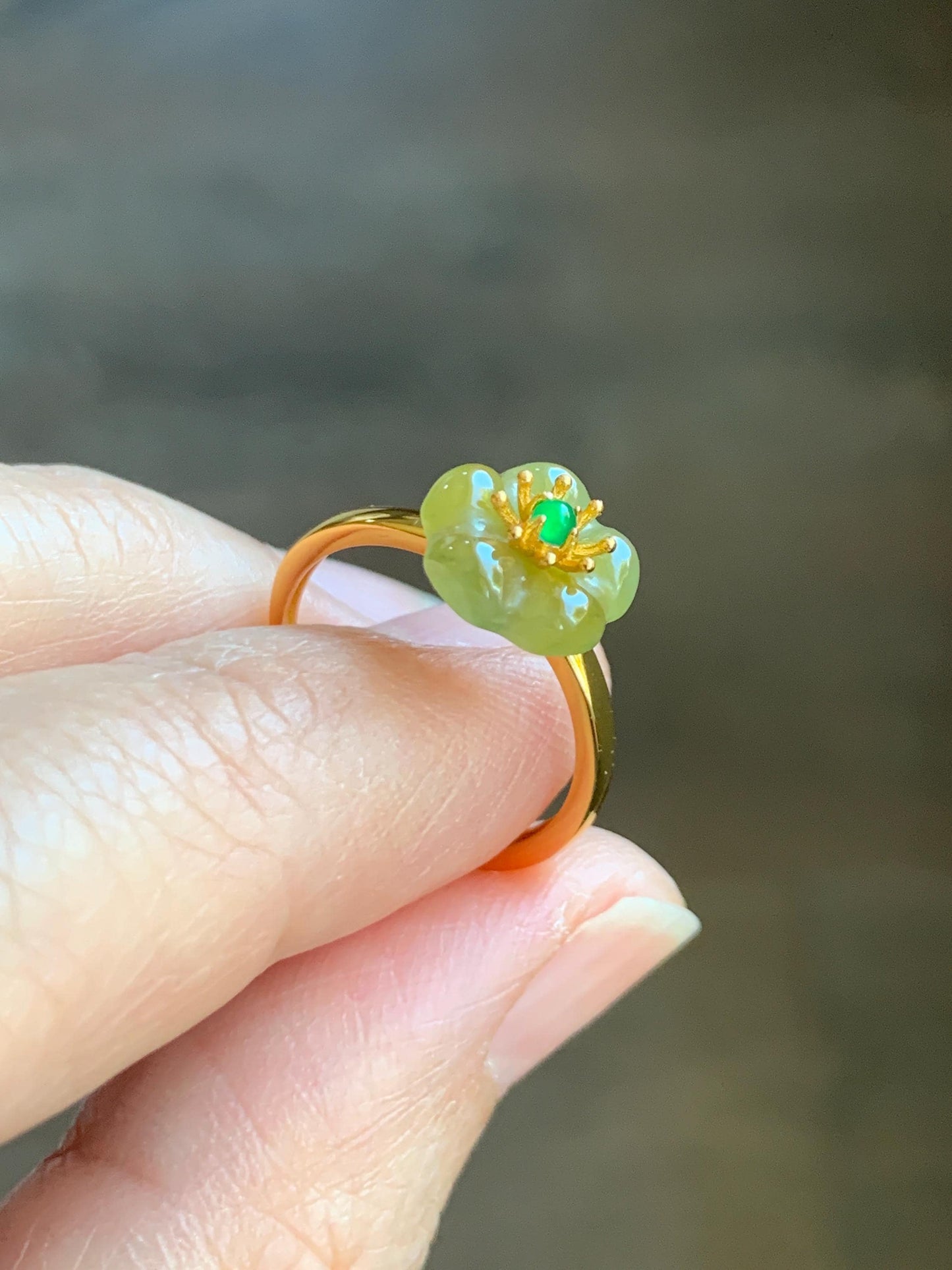 Natural Grade A Guatemalan Icy Translucent Yellow Jade Jadeite Cherry Blossom Ring Sterling Silver Size Adjustable 天然冰危黄翡翠梅花银镶戒指 WXMH66B