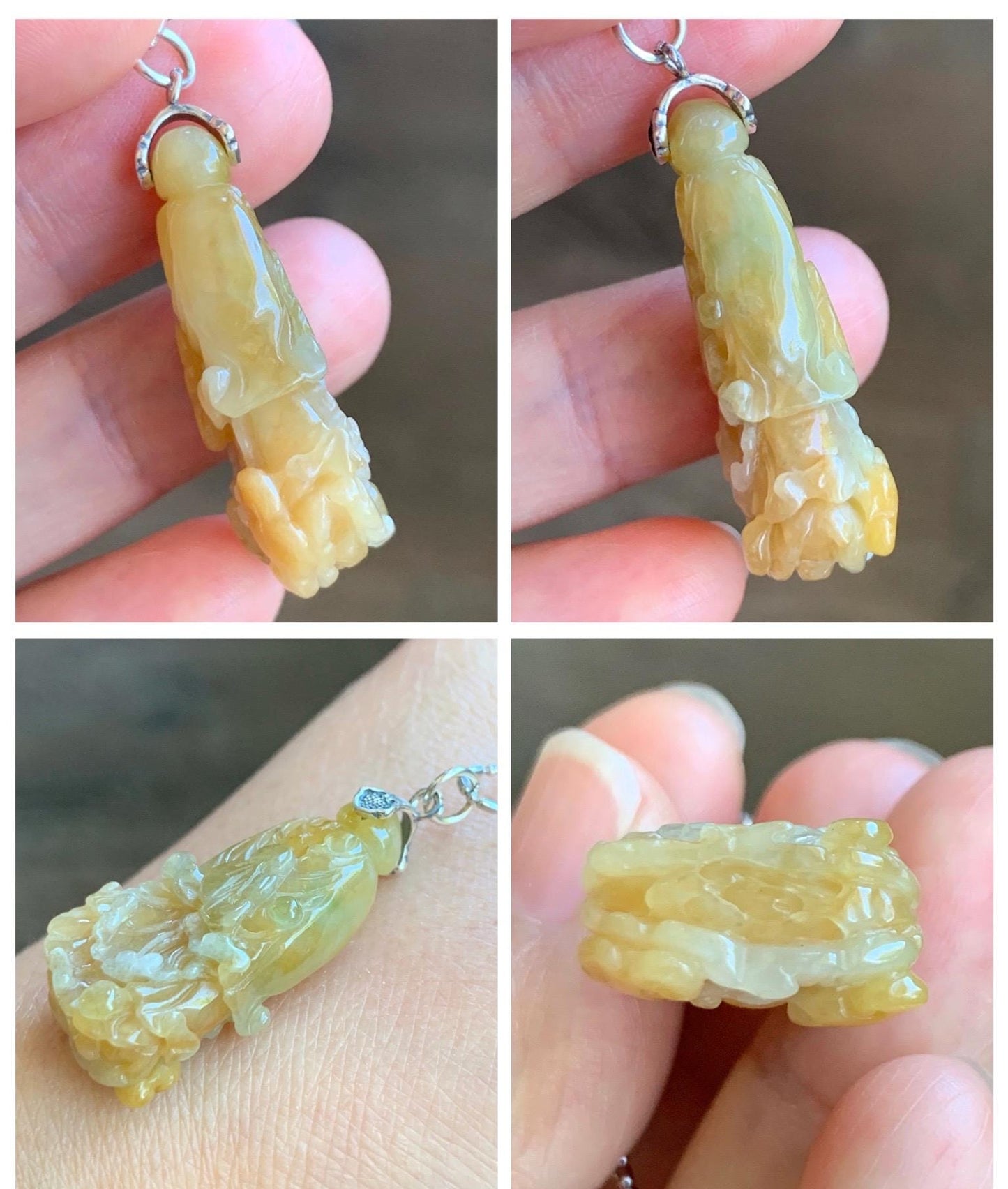 Natural Grade A Icy Translucent Gelatinous Yellow Jade Jadeite Carved Cabbage Pendant Sterling Silver 9g 天然冰胶黄翡翠白菜百财吊坠 MHB132