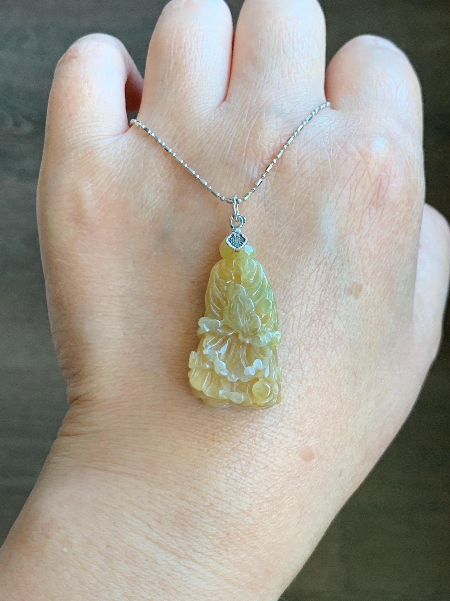 Natural Grade A Icy Translucent Gelatinous Yellow Jade Jadeite Carved Cabbage Pendant Sterling Silver 9g 天然冰胶黄翡翠白菜百财吊坠 MHB132