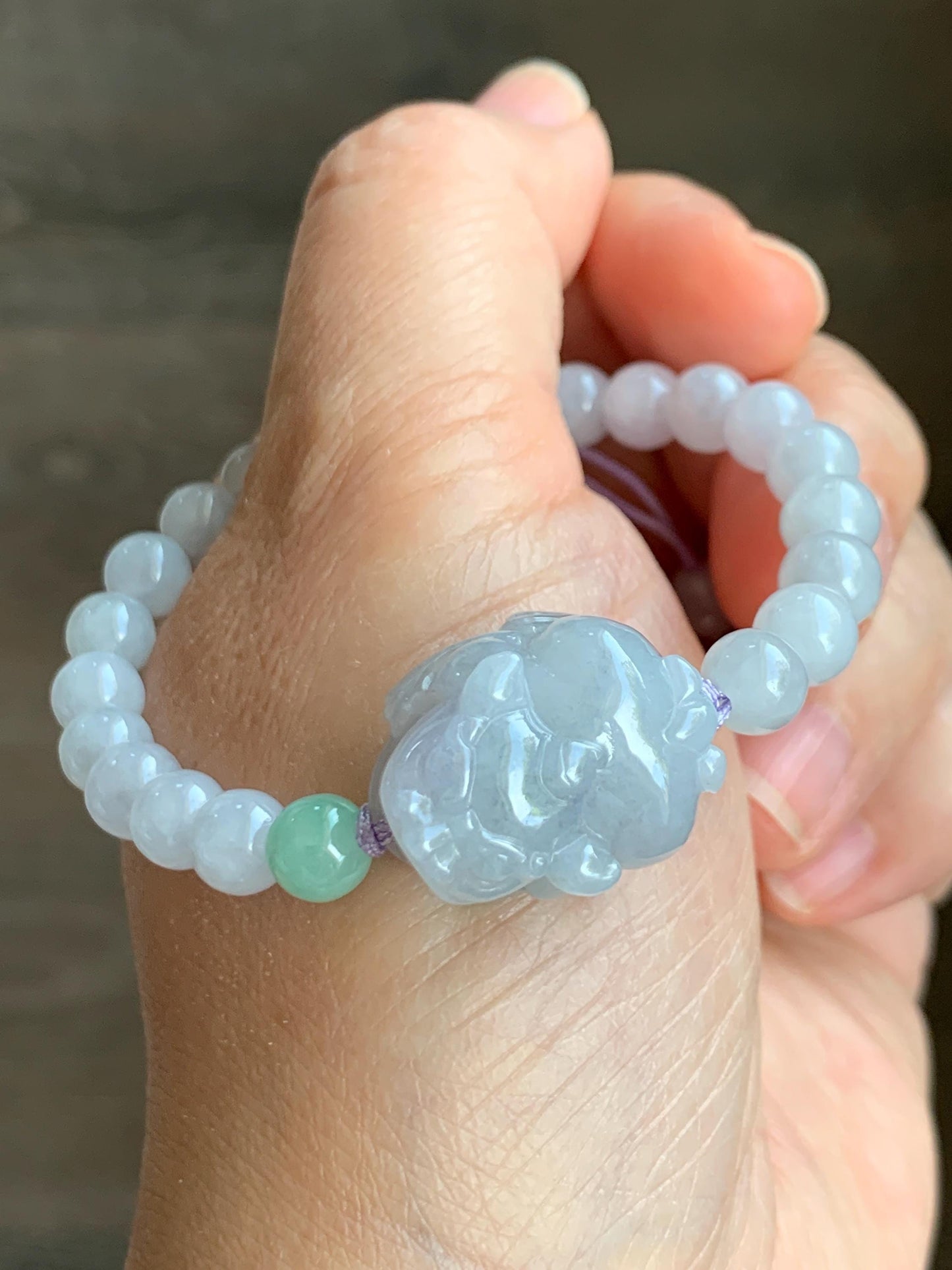 Natural Grade A Icy Translucent Gelatinous Pastel Lavender Wuji Jade Jadeite Carved Pixiu Beaded Bracelet 6mm 6.5” 19g 天然冰淡紫乌鸡翡翠貔貅手串 BZW266