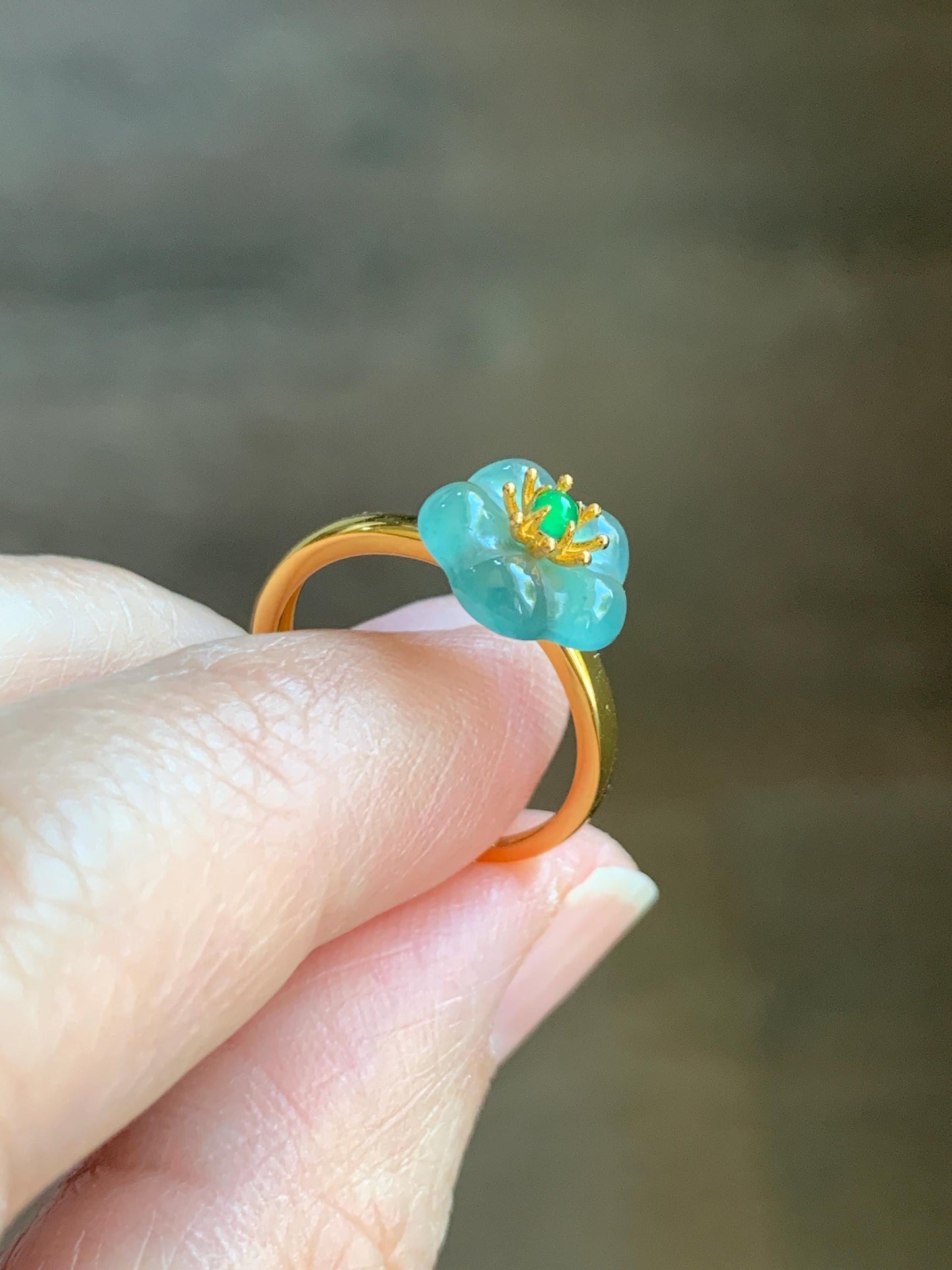 Natural Grade A Guatemalan Icy Translucent Light Teal Jade Jadeite Cherry Blossom Ring Sterling Silver Size Adjustable 天然冰危蓝翡翠梅花银镶戒指 WXMH66D