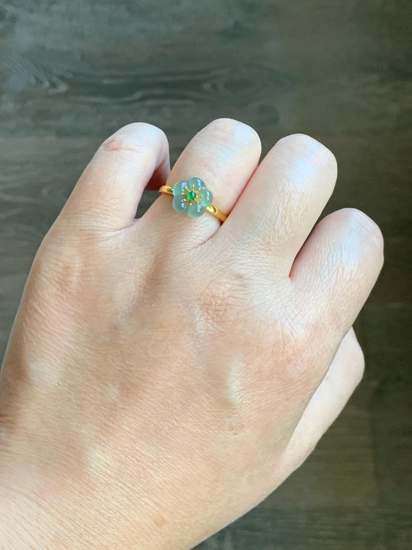 Natural Grade A Guatemalan Icy Translucent Light Teal Jade Jadeite Cherry Blossom Ring Sterling Silver Size Adjustable 天然冰危蓝翡翠梅花银镶戒指 WXMH66D