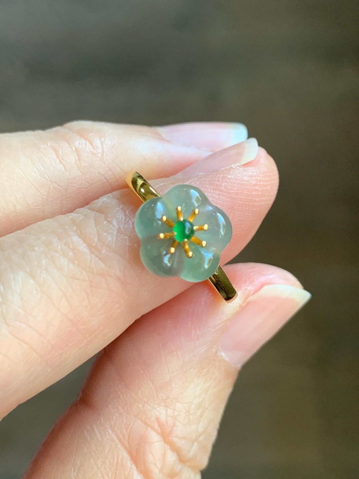 Natural Grade A Guatemalan Icy Translucent Light Teal Jade Jadeite Cherry Blossom Ring Sterling Silver Size Adjustable 天然冰危蓝翡翠梅花银镶戒指 WXMH66D