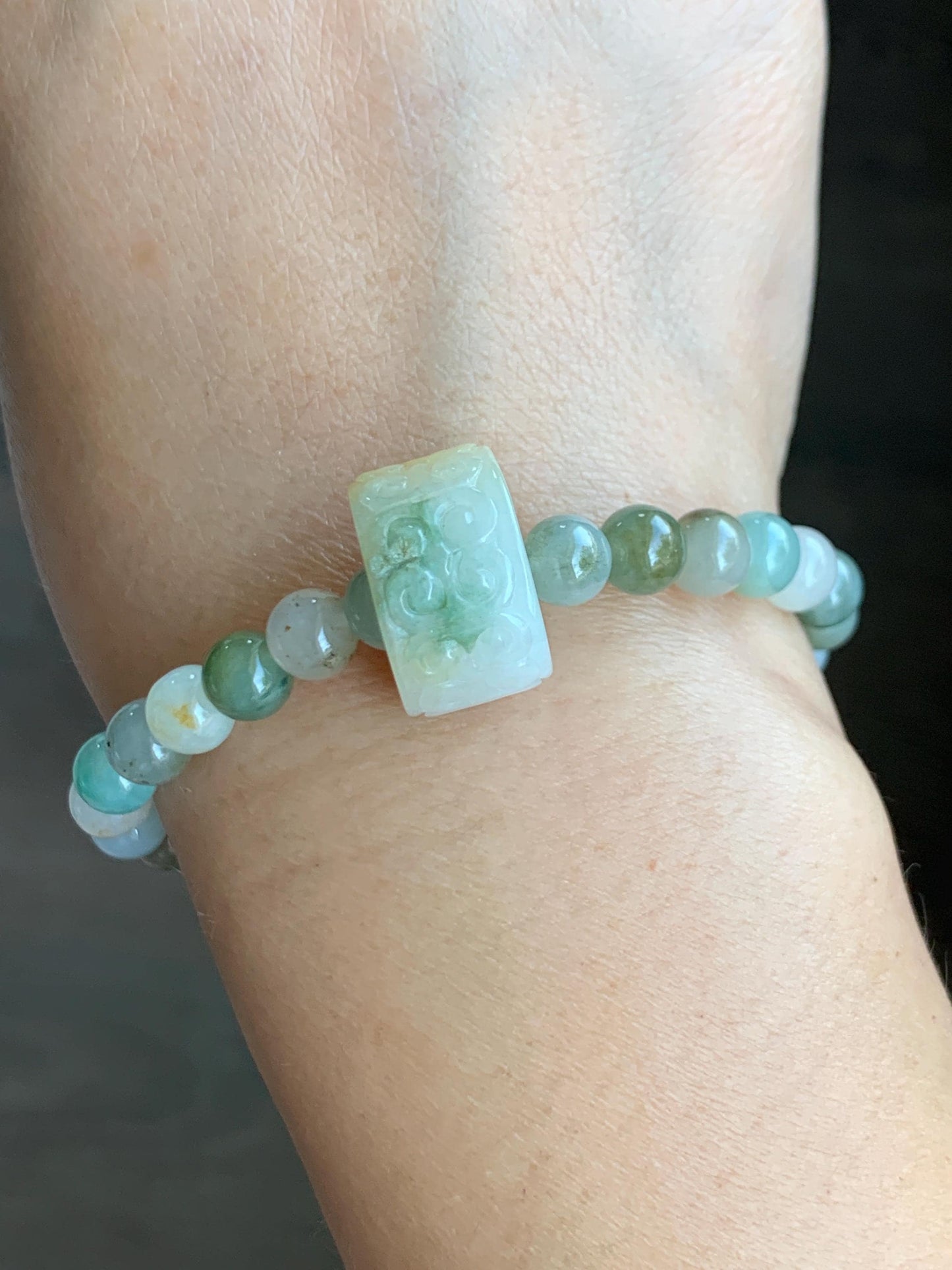 Natural Grade A Icy Translucent Multicolored Jade Jadeite Beaded Bracelet w/ Engraved Band Ring Charm 6.75” 20g 天然冰多宝翡翠珠手串仿古雕黄加绿跑环 MDBP219