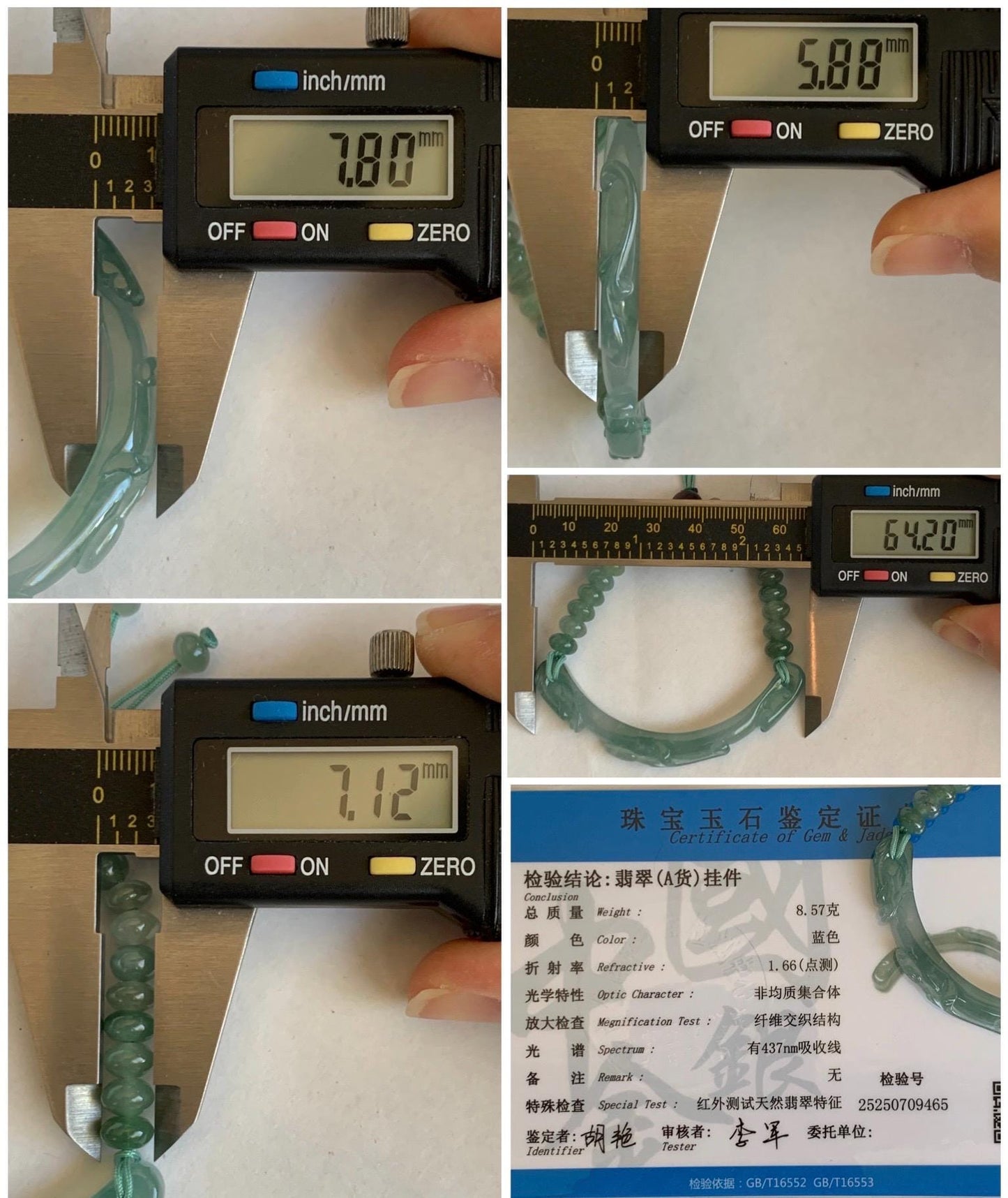 Certified Natural Grade A Guatemalan Icy Highly Translucent Light Teal Jade Jadeite Dragon Hook Cuff Beaded Bracelet 7" 17g 天然高冰危龙钩手牌手串 9465
