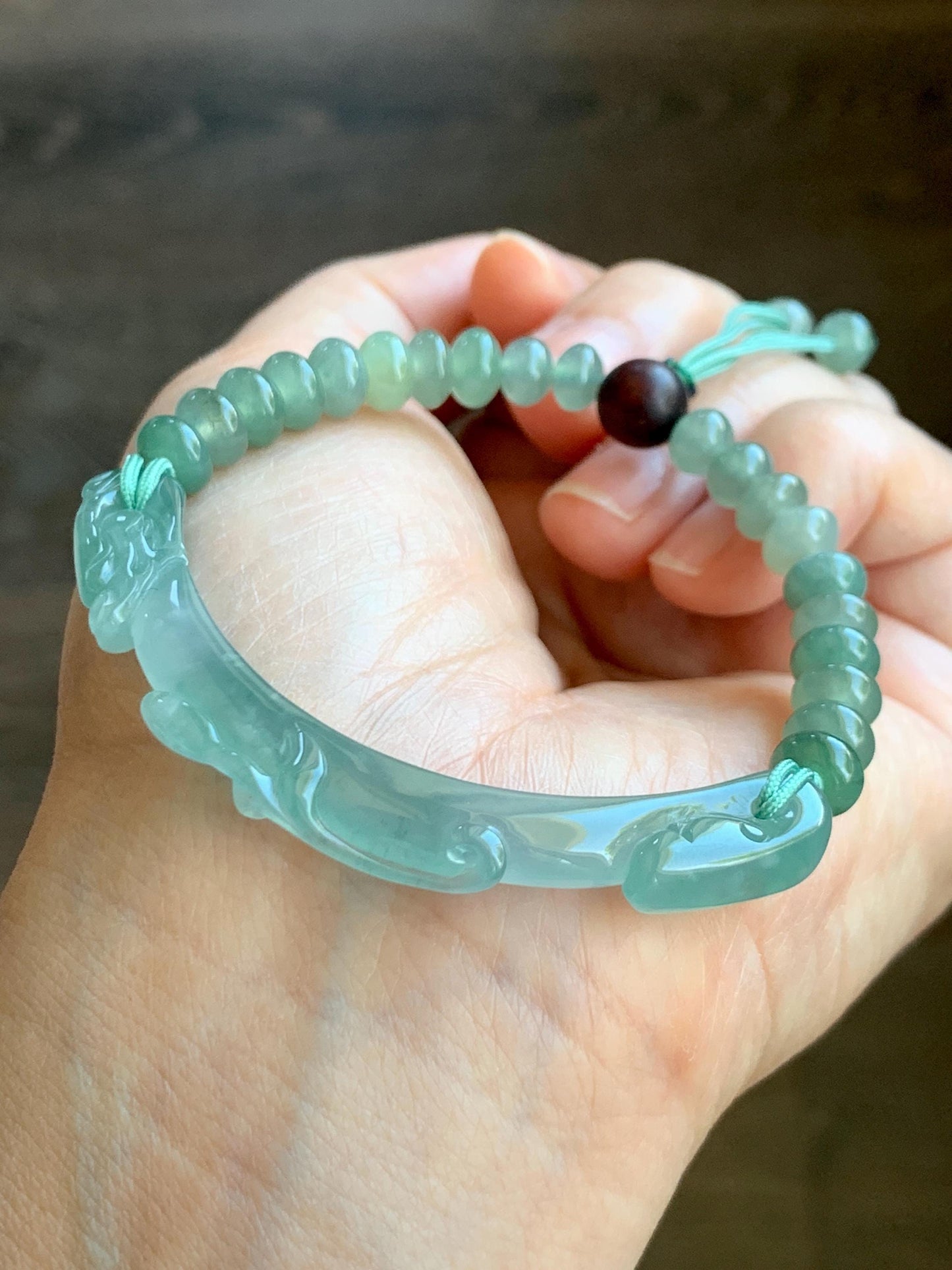 Certified Natural Grade A Guatemalan Icy Highly Translucent Light Teal Jade Jadeite Dragon Hook Cuff Beaded Bracelet 7" 17g 天然高冰危龙钩手牌手串 9465