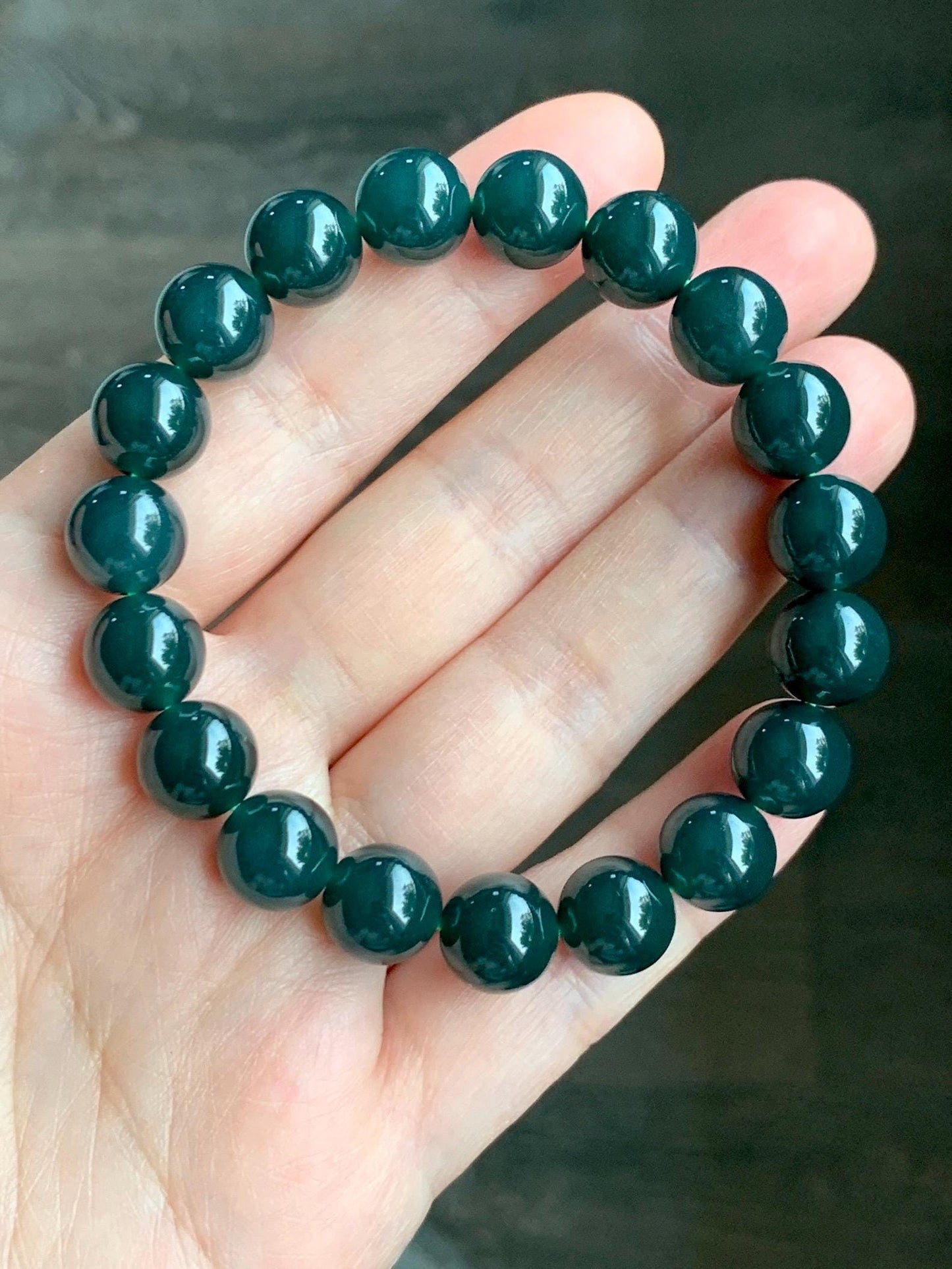 Natural Grade A Guatemalan Icy Translucent Dark Teal Blue Jade Jadeite Beaded Bracelet Stretchy 10mm 7” 32g 天然冰危深蓝绿翡翠圆珠手串 SWL250