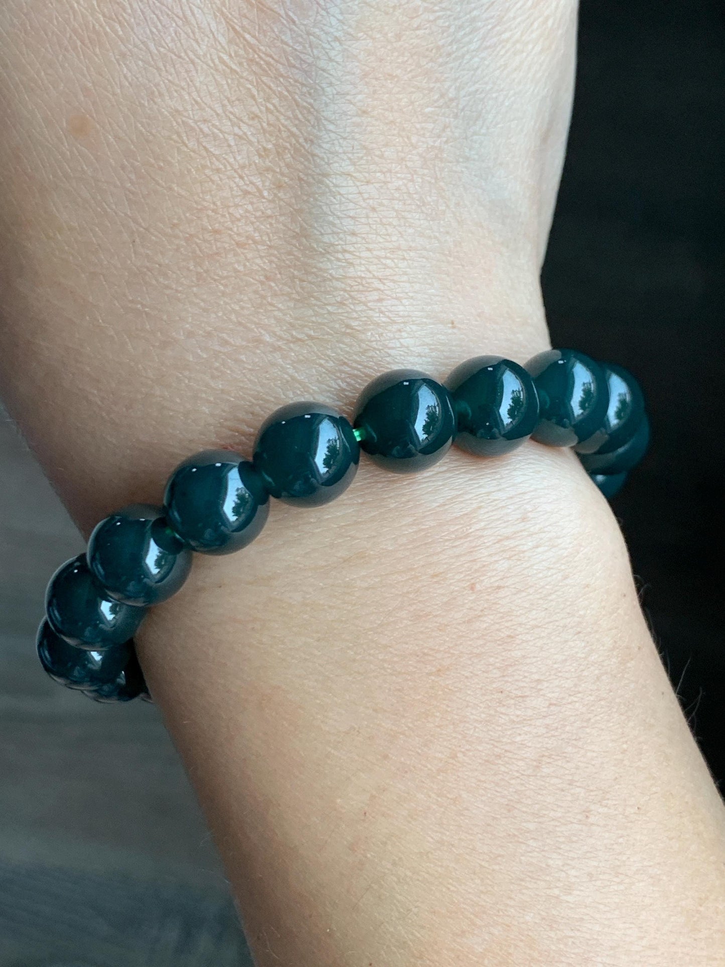 Natural Grade A Guatemalan Icy Translucent Dark Teal Blue Jade Jadeite Beaded Bracelet Stretchy 10mm 7” 32g 天然冰危深蓝绿翡翠圆珠手串 SWL250
