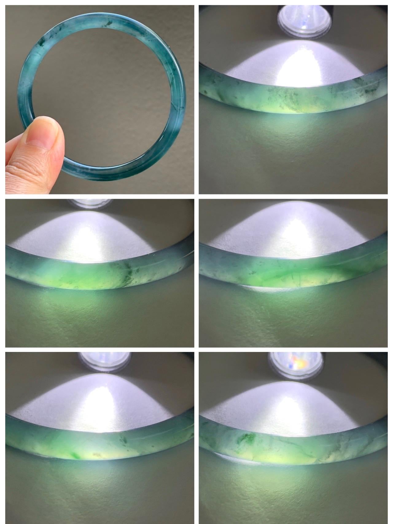 Certified Natural Grade A Guatemalan Icy Highly Translucent Dark Teal Blue Marbled Jade Jadeite Bangle 60.5mm 7.47” 天然冰胶危深蓝飘花翡翠细圆条手镯 8788