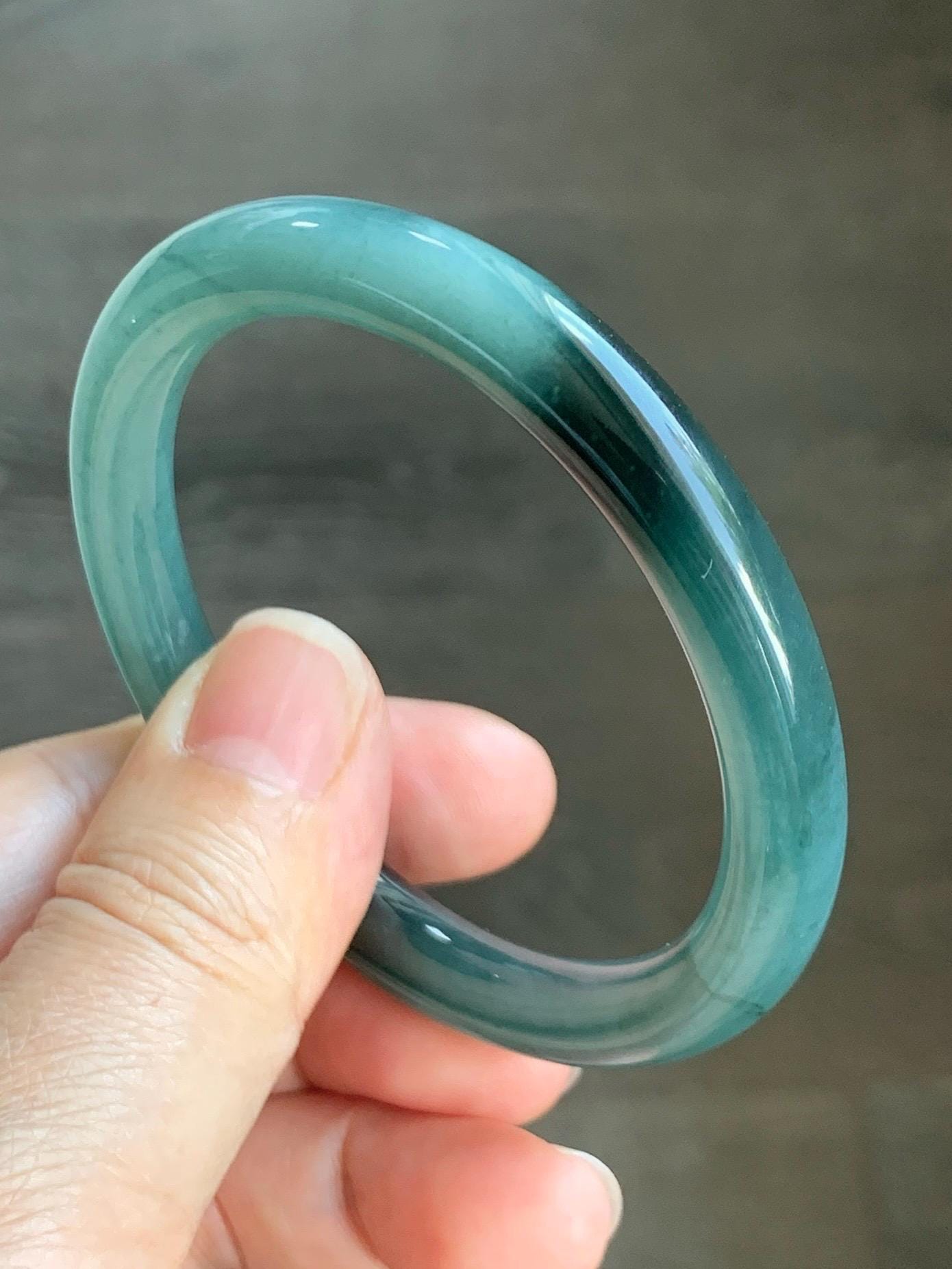 Certified Natural Grade A Guatemalan Icy Translucent Dark Teal Blue Marbled Jade Jadeite Bangle 52.68mm 6.5” 31g 天然冰危蓝飘花翡翠圆条手镯 8781