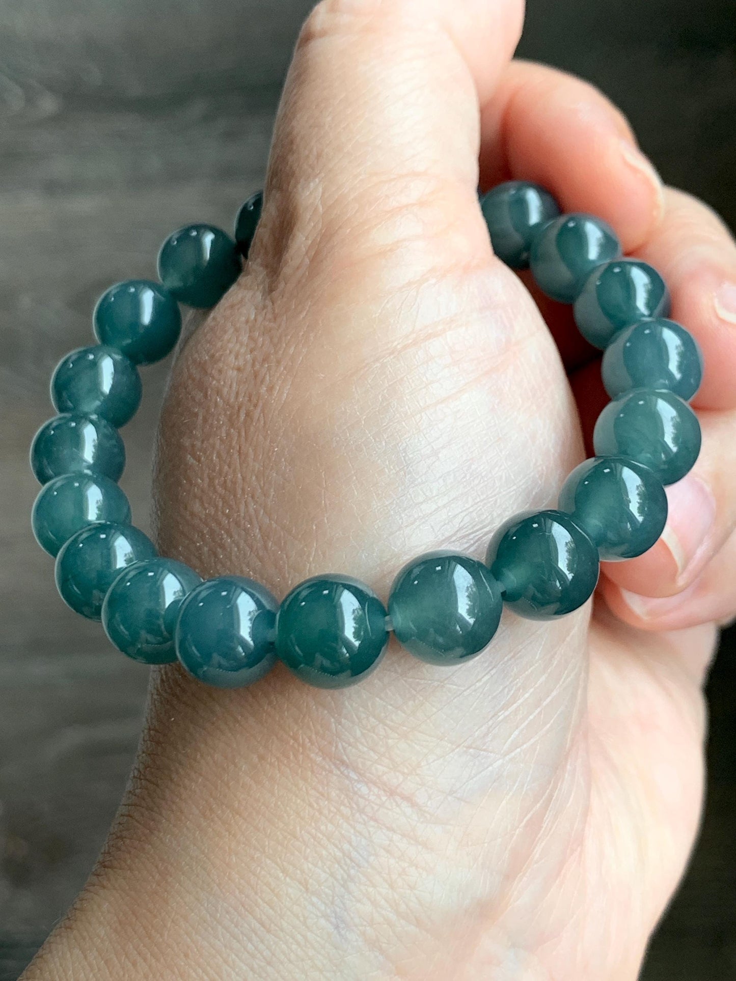 Natural Grade A Guatemalan Icy Translucent Dark Teal Blue Jade Jadeite Beaded Bracelet Stretchy 9.9mm 7.5” 34g 天然冰危深蓝翡翠圆珠手串 LZW330A