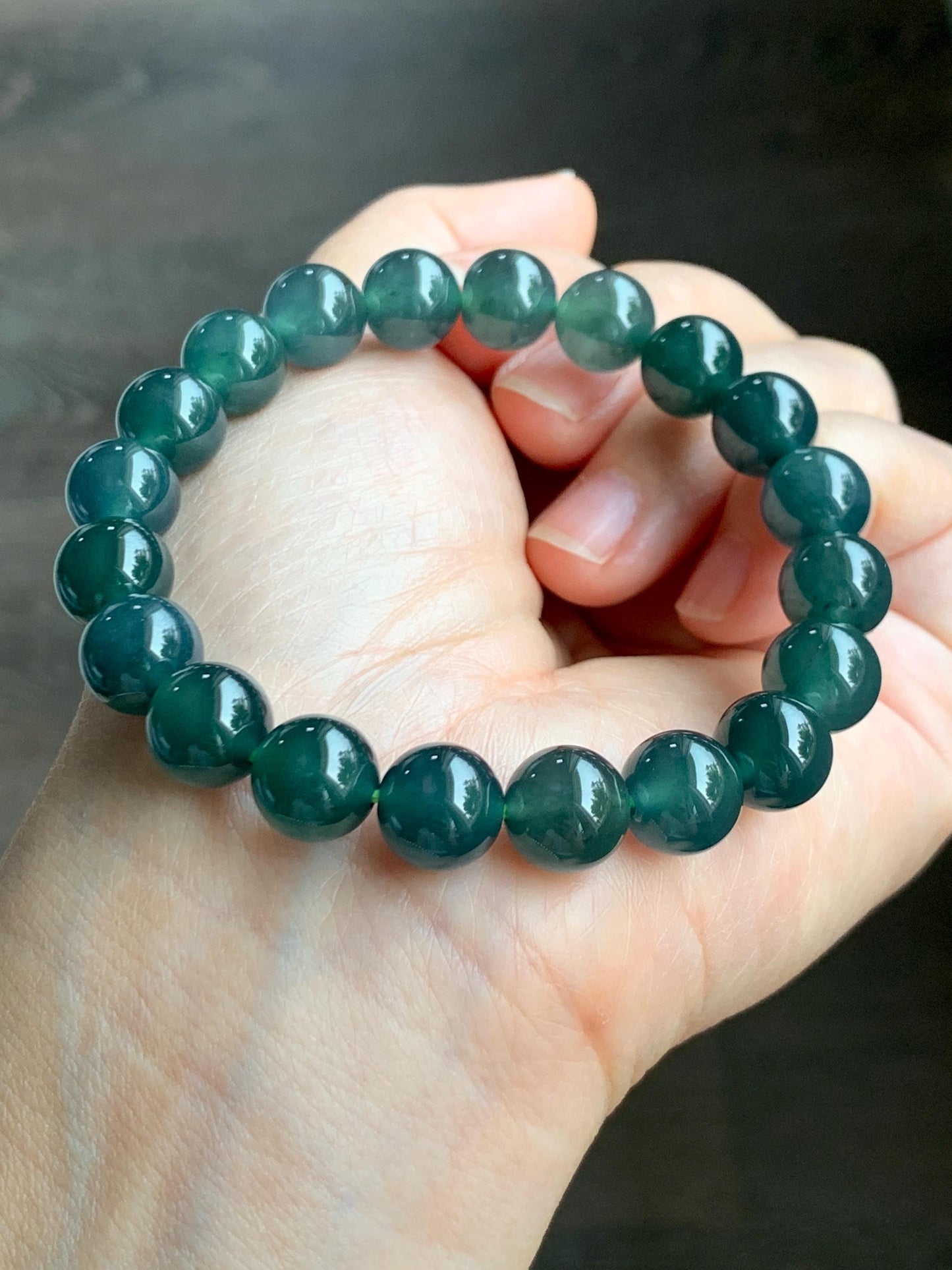 Natural Grade A Guatemalan Icy Translucent Dark Teal Green Jade Jadeite Beaded Bracelet Stretchy 9.9mm 7.5” 34g 天然冰危深蓝绿翡翠圆珠手串 LZW330B