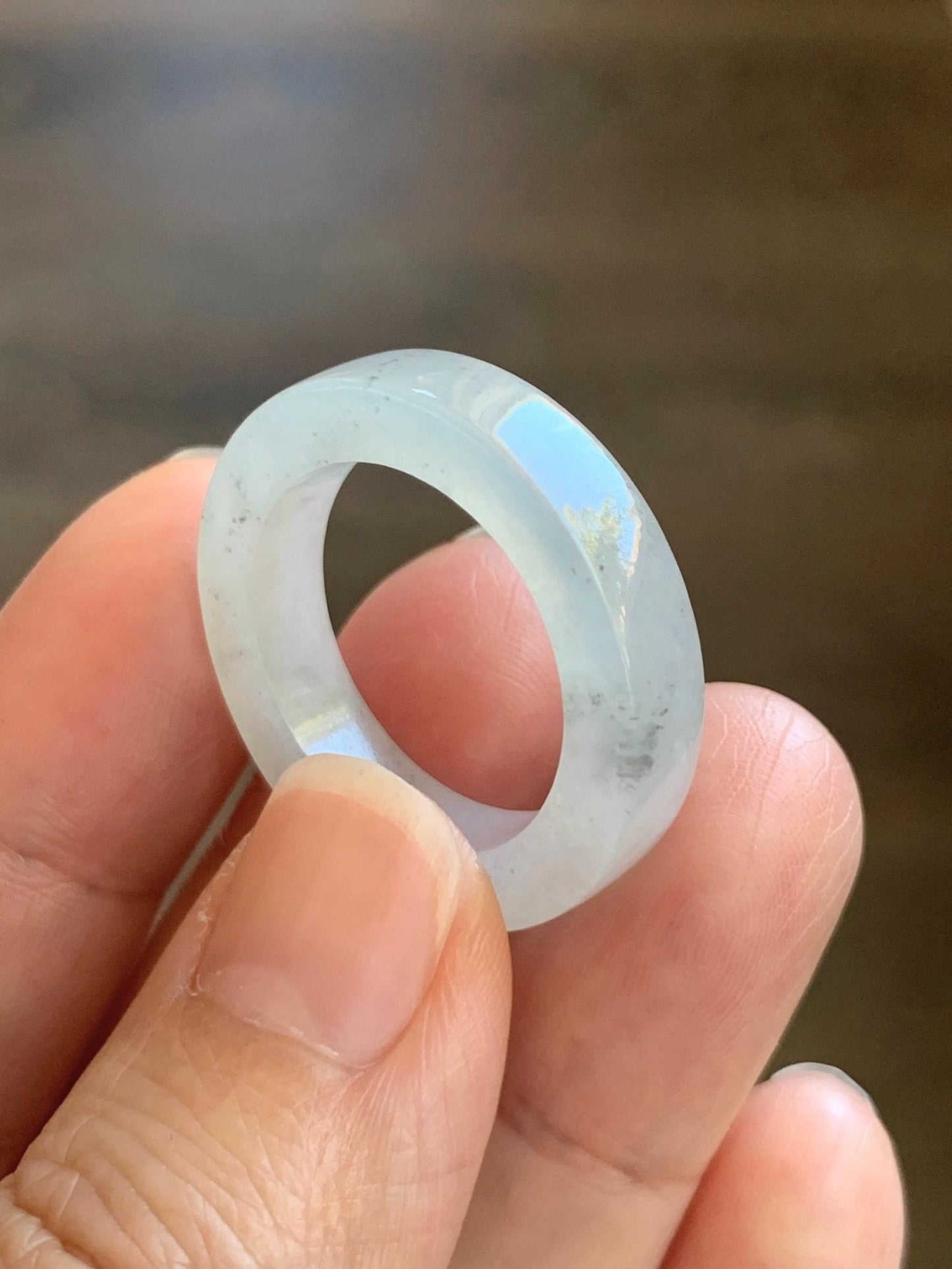 Natural Grade A Icy Translucent Gelatinous Light Wuji Marbled Jade Jadeite Square Edged Band Ring Size 10.25 US 6g 天然冰胶淡乌鸡翡翠方条戒圈 MWJ-C