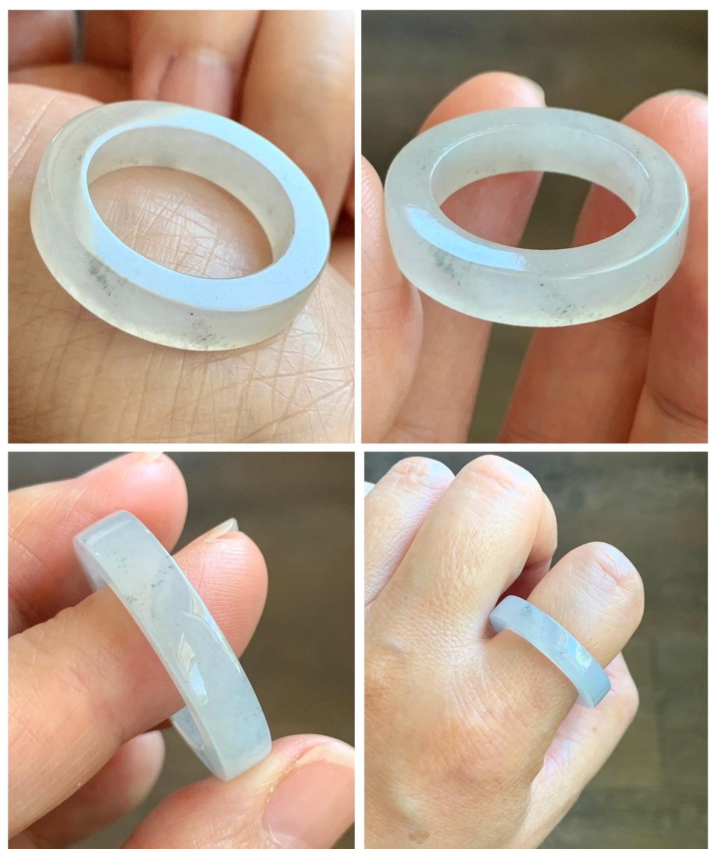Natural Grade A Icy Translucent Gelatinous Light Wuji Marbled Jade Jadeite Square Edged Band Ring Size 10.25 US 6g 天然冰胶淡乌鸡翡翠方条戒圈 MWJ-C