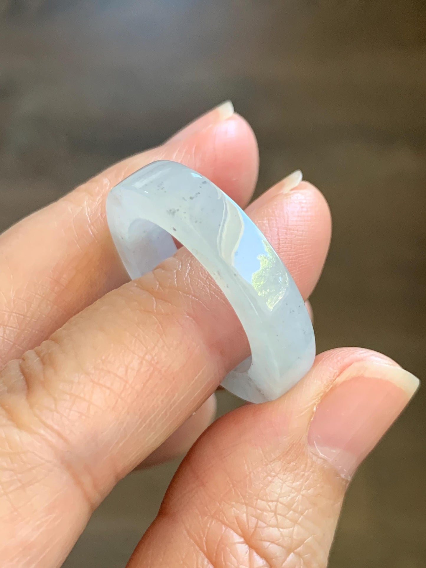 Natural Grade A Icy Translucent Gelatinous Light Wuji Marbled Jade Jadeite Square Edged Band Ring Size 10.25 US 6g 天然冰胶淡乌鸡翡翠方条戒圈 MWJ-C