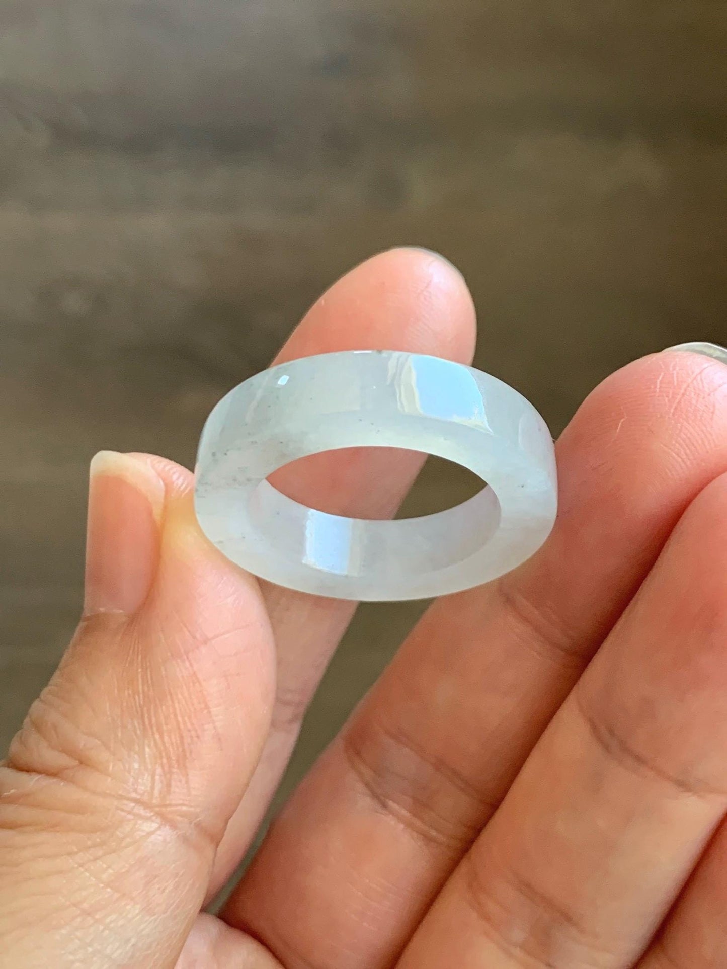Natural Grade A Icy Translucent Gelatinous Light Wuji Marbled Jade Jadeite Square Edged Band Ring Size 9 US 6g 天然冰胶淡乌鸡翡翠方条戒圈 MWJ-B
