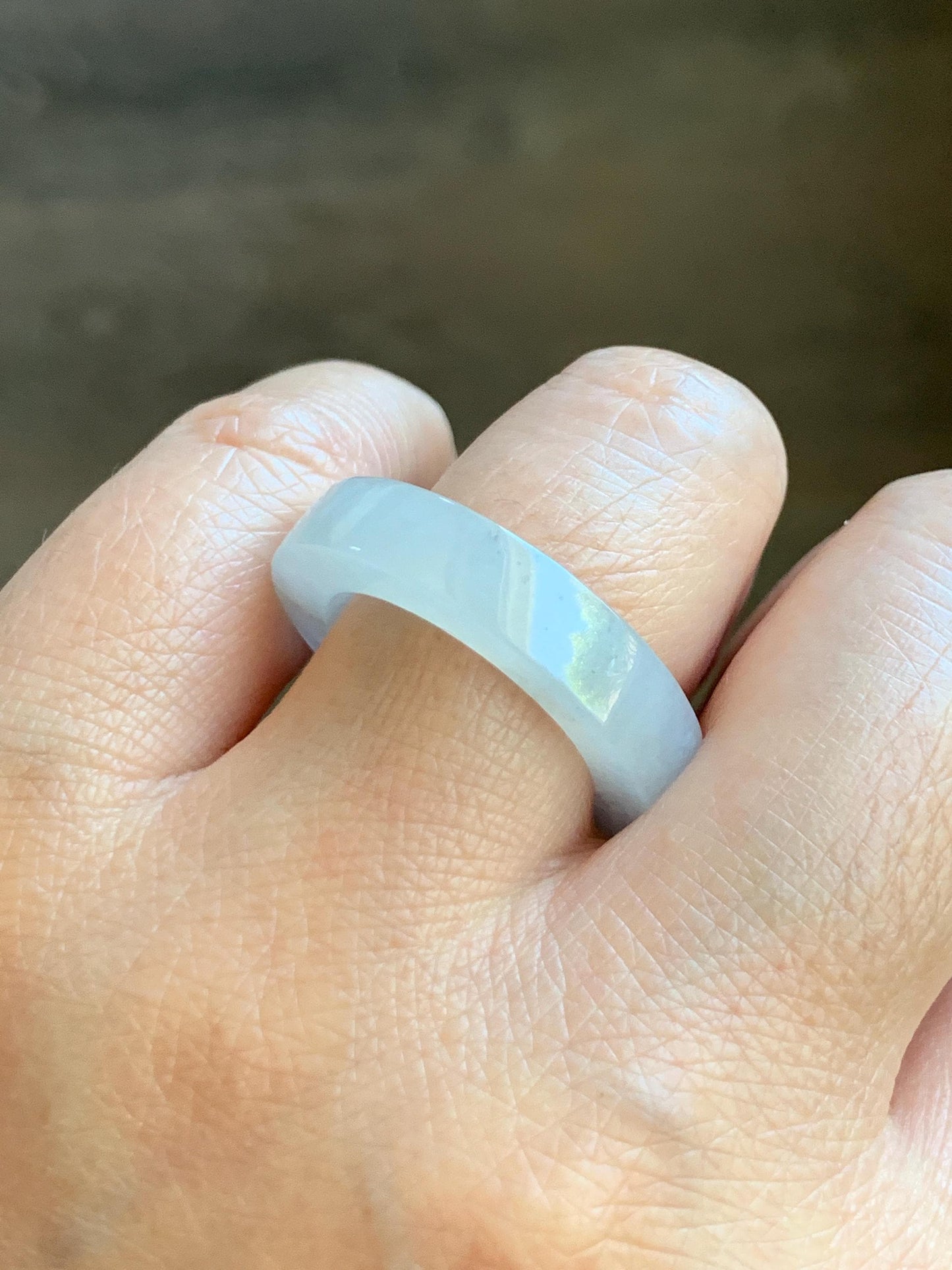 Natural Grade A Icy Translucent Gelatinous Light Wuji Marbled Jade Jadeite Square Edged Band Ring Size 9 US 6g 天然冰胶淡乌鸡翡翠方条戒圈 MWJ-B