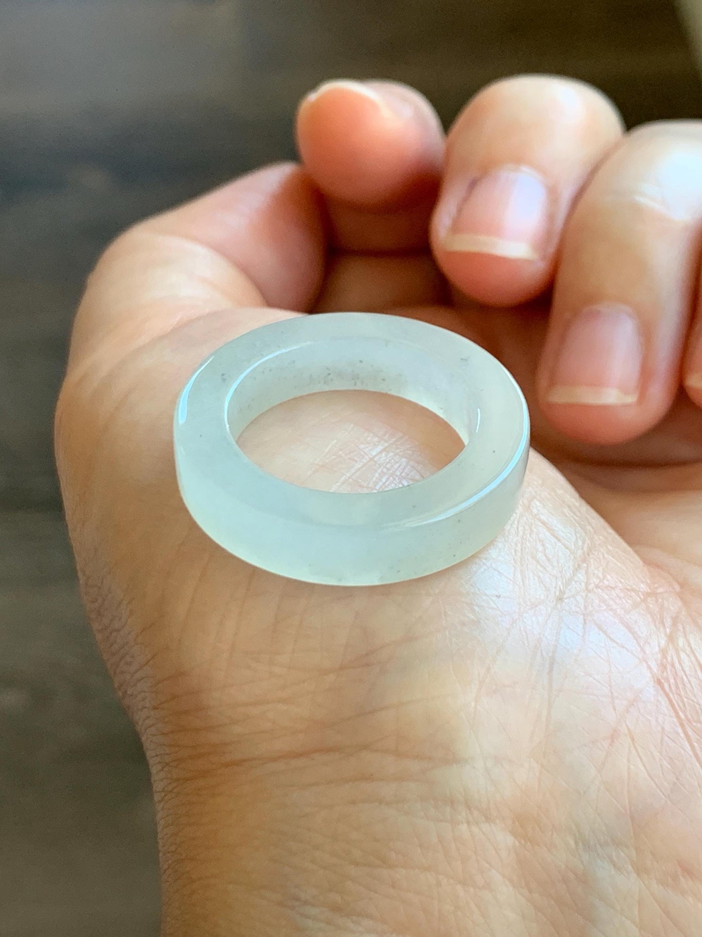 Natural Grade A Icy Translucent Gelatinous Light Wuji Marbled Jade Jadeite Square Edged Band Ring Size 9.5 US 6g 天然冰胶淡乌鸡翡翠方条戒圈 MWJ-A