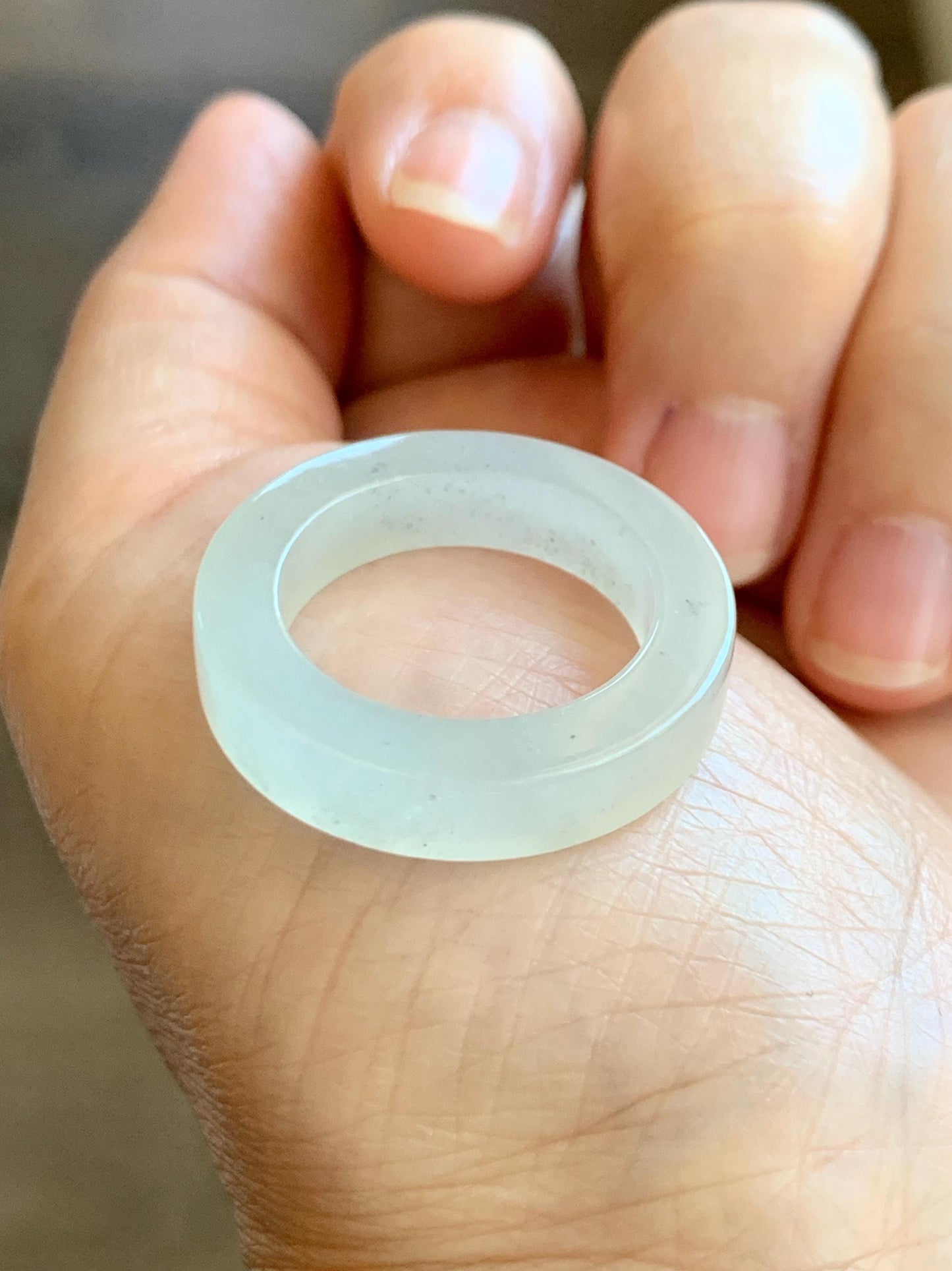 Natural Grade A Icy Translucent Gelatinous Light Wuji Marbled Jade Jadeite Square Edged Band Ring Size 9.5 US 6g 天然冰胶淡乌鸡翡翠方条戒圈 MWJ-A