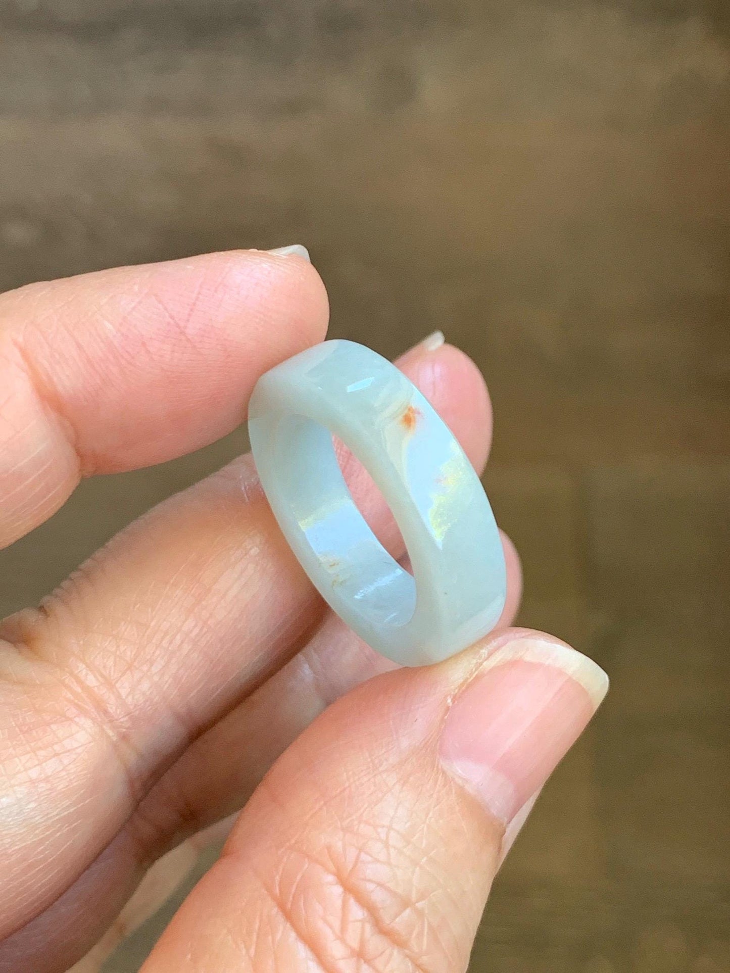 Natural Grade A Icy Translucent Orange Marbled Jade Jadeite Square Edged Band Ring Size 7.25 US 4g 天然撒金翡翠方条戒圈 MSJ88A