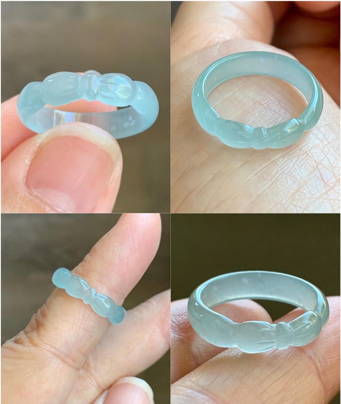 Natural Grade A Guatemalan Icy Highly Translucent Pastel Teal Jade Jadeite Carved Bow Band Ring Size 6 US 天然冰危起光浅蓝翡翠蝴蝶结戒圈 WHD55A