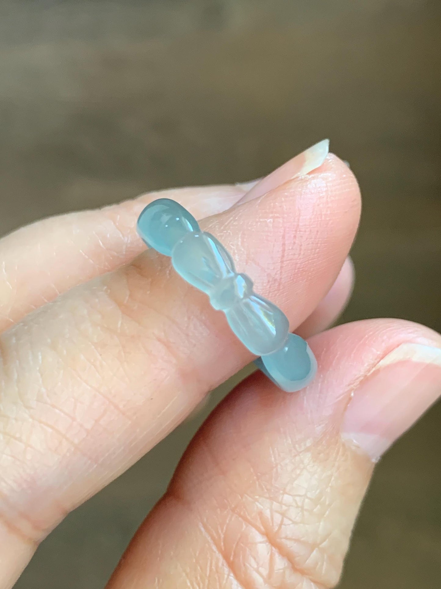Natural Grade A Guatemalan Icy Highly Translucent Pastel Teal Jade Jadeite Carved Bow Band Ring Size 7.5 US 天然冰危起光浅蓝翡翠蝴蝶结戒圈 WHD55B