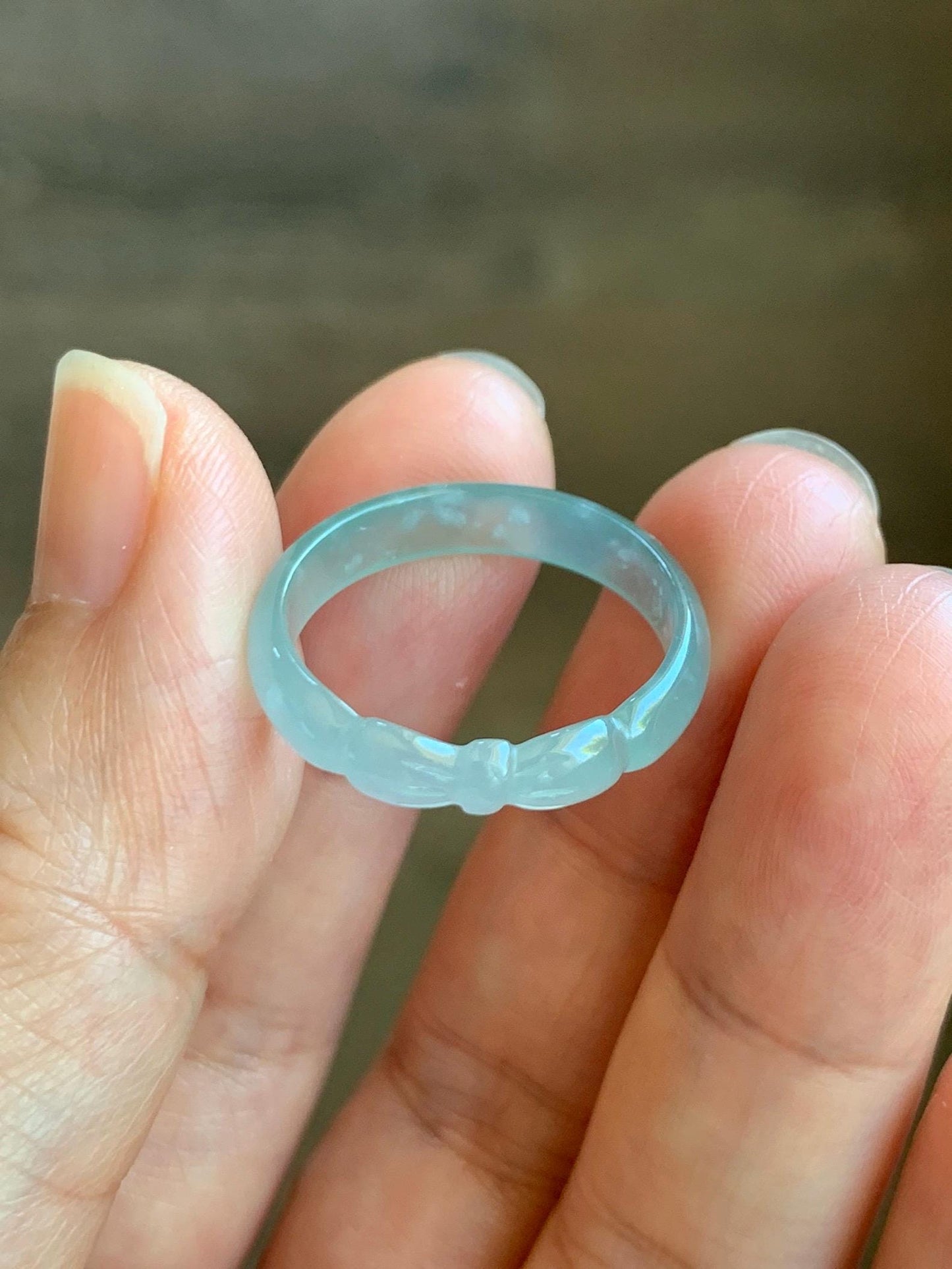 Natural Grade A Guatemalan Icy Highly Translucent Pastel Teal Jade Jadeite Carved Bow Band Ring Size 9.25 US 天然冰危起光浅蓝翡翠蝴蝶结戒圈 WHD55D