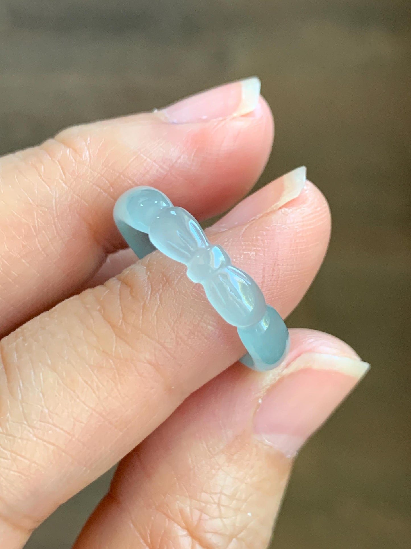 Natural Grade A Guatemalan Icy Highly Translucent Pastel Teal Jade Jadeite Carved Bow Band Ring Size 9.25 US 天然冰危起光浅蓝翡翠蝴蝶结戒圈 WHD55D