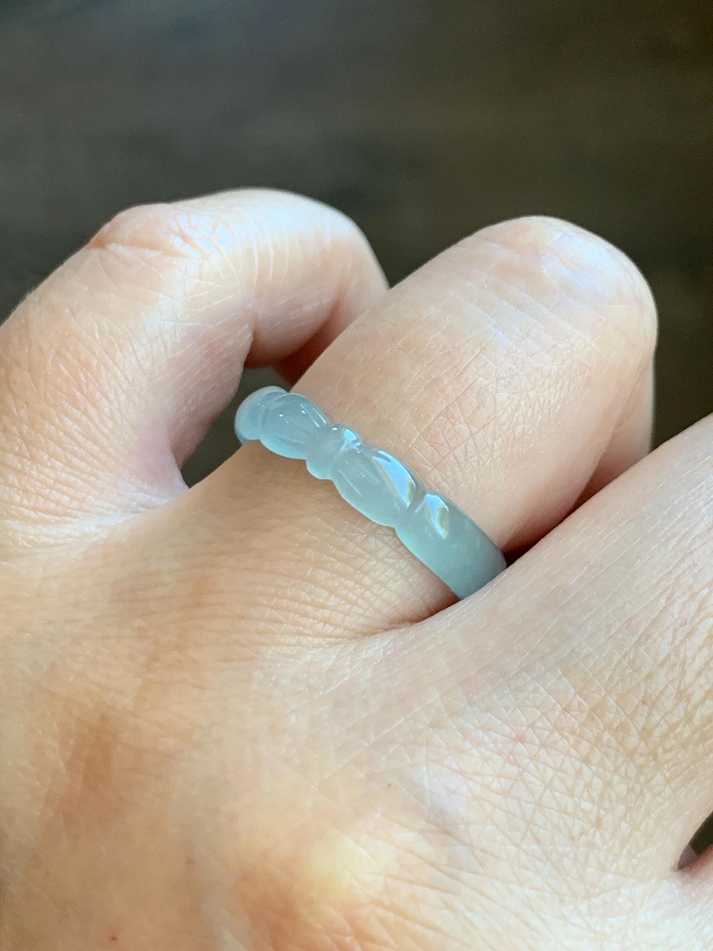 Natural Grade A Guatemalan Icy Highly Translucent Pastel Teal Jade Jadeite Carved Bow Band Ring Size 9.25 US 天然冰危起光浅蓝翡翠蝴蝶结戒圈 WHD55D