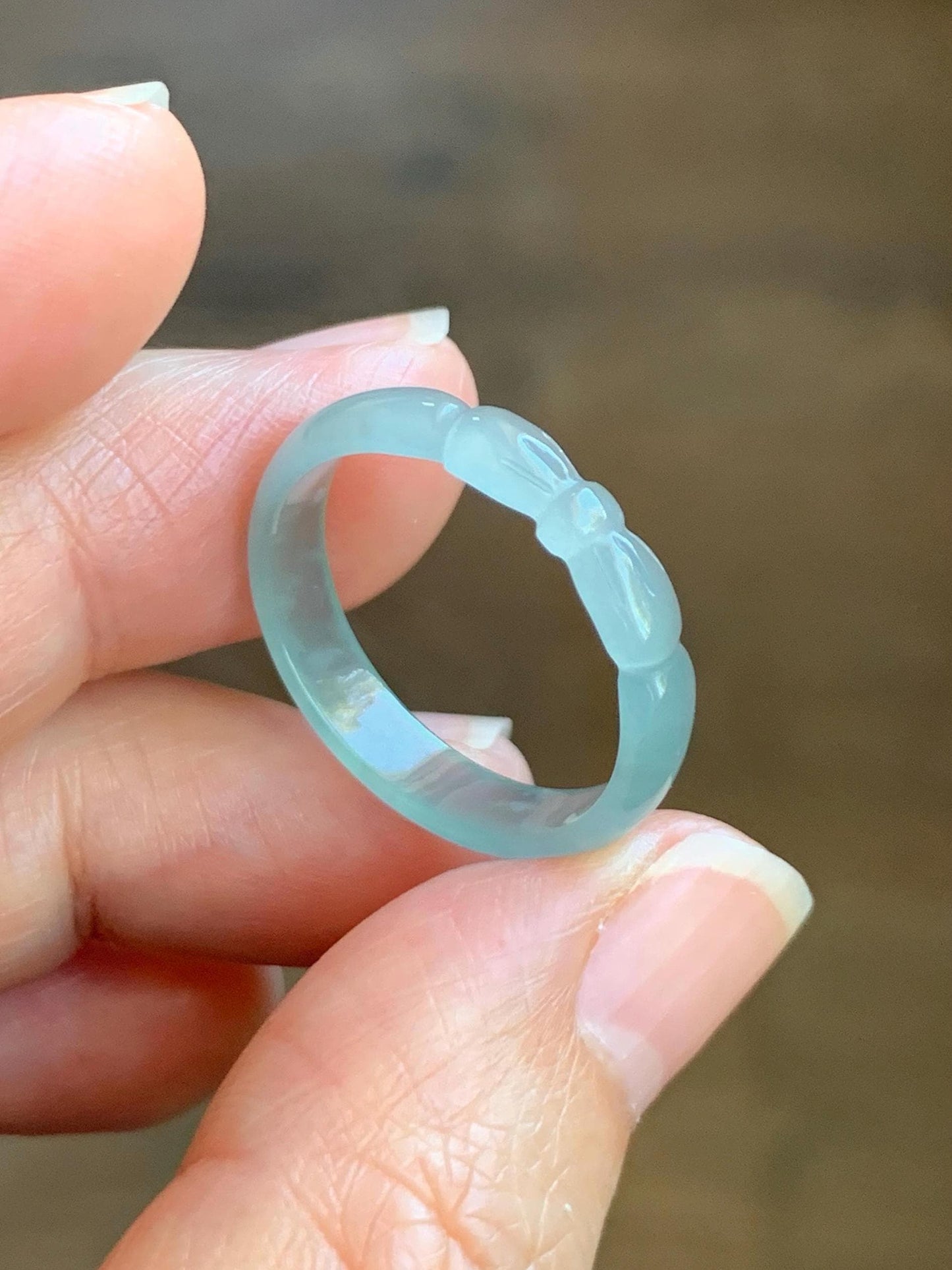 Natural Grade A Guatemalan Icy Highly Translucent Pastel Teal Jade Jadeite Carved Bow Band Ring Size 9.25 US 天然冰危起光浅蓝翡翠蝴蝶结戒圈 WHD55D